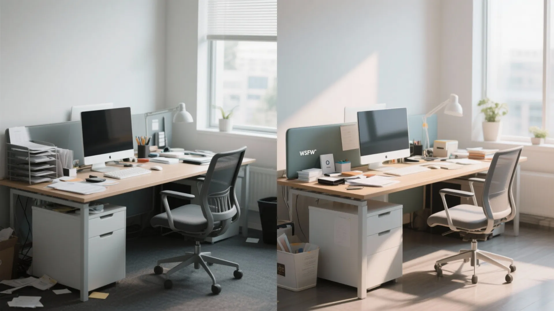 Before and after comparison of a messy office desk versus a clean and organized workspace