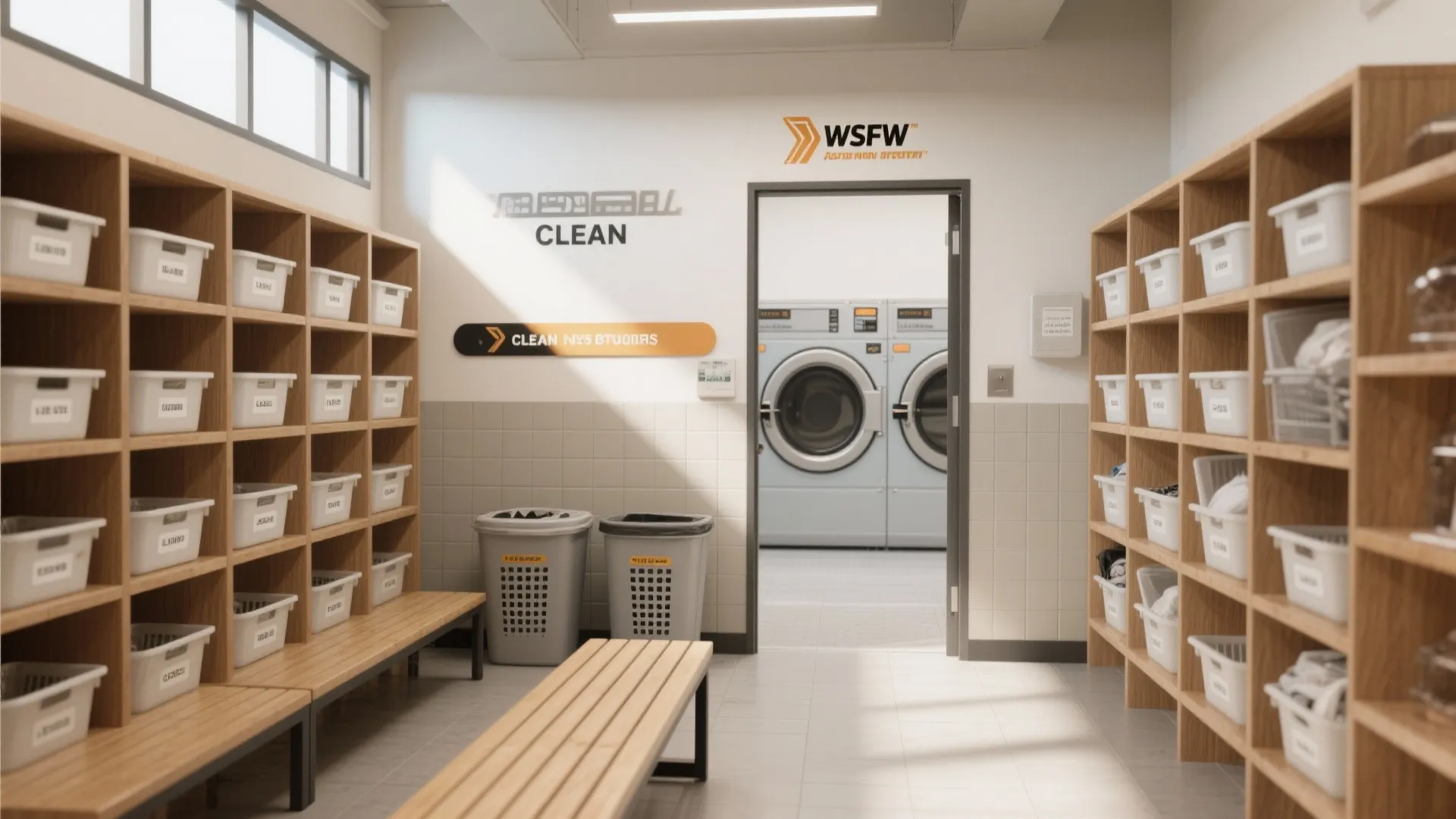 Bright laundry room with wooden storage shelves white plastic bins wooden bench and two washing machines