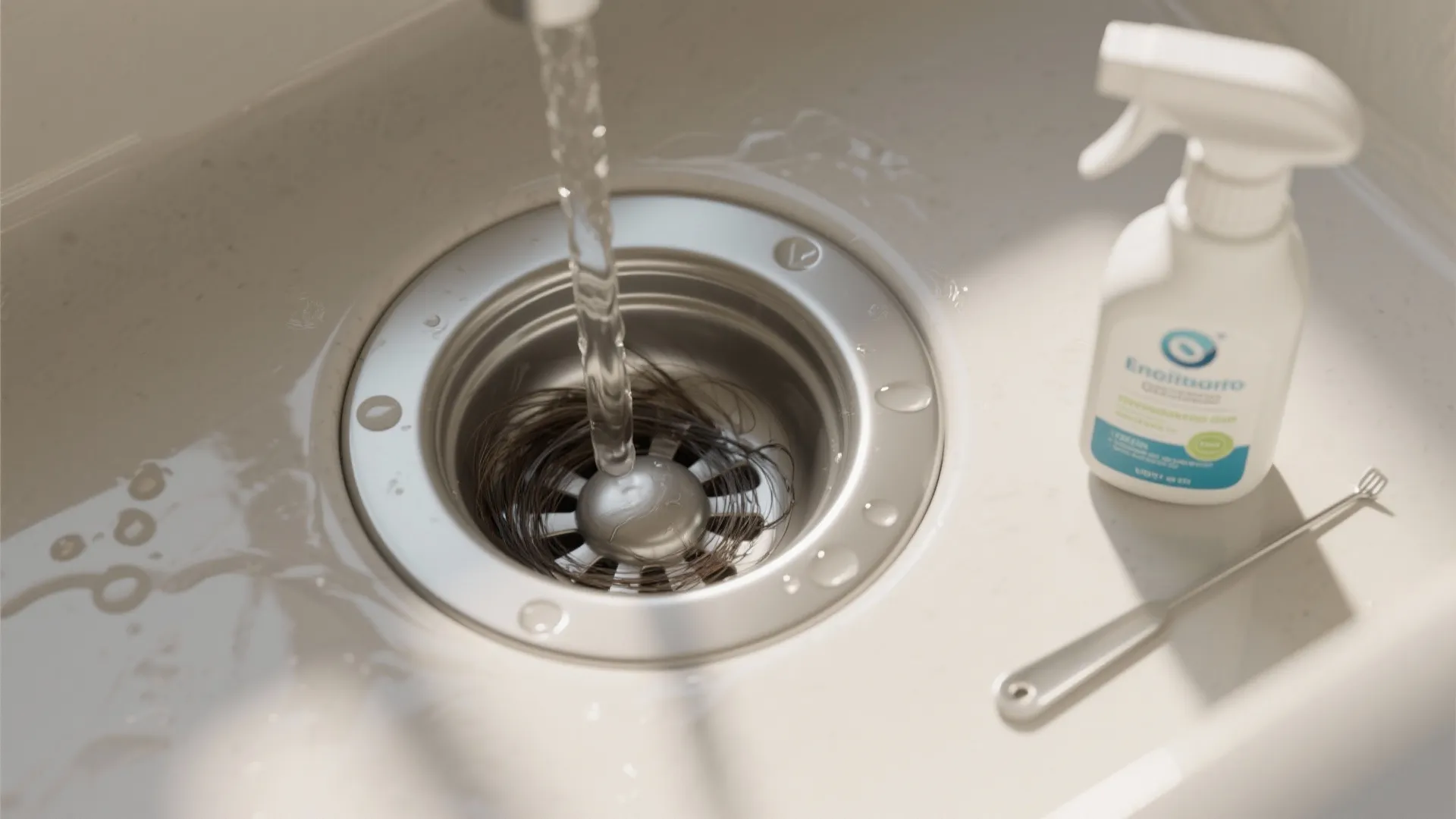 Water flows into a sink drain clogged with hair next to a white cleaning bottle