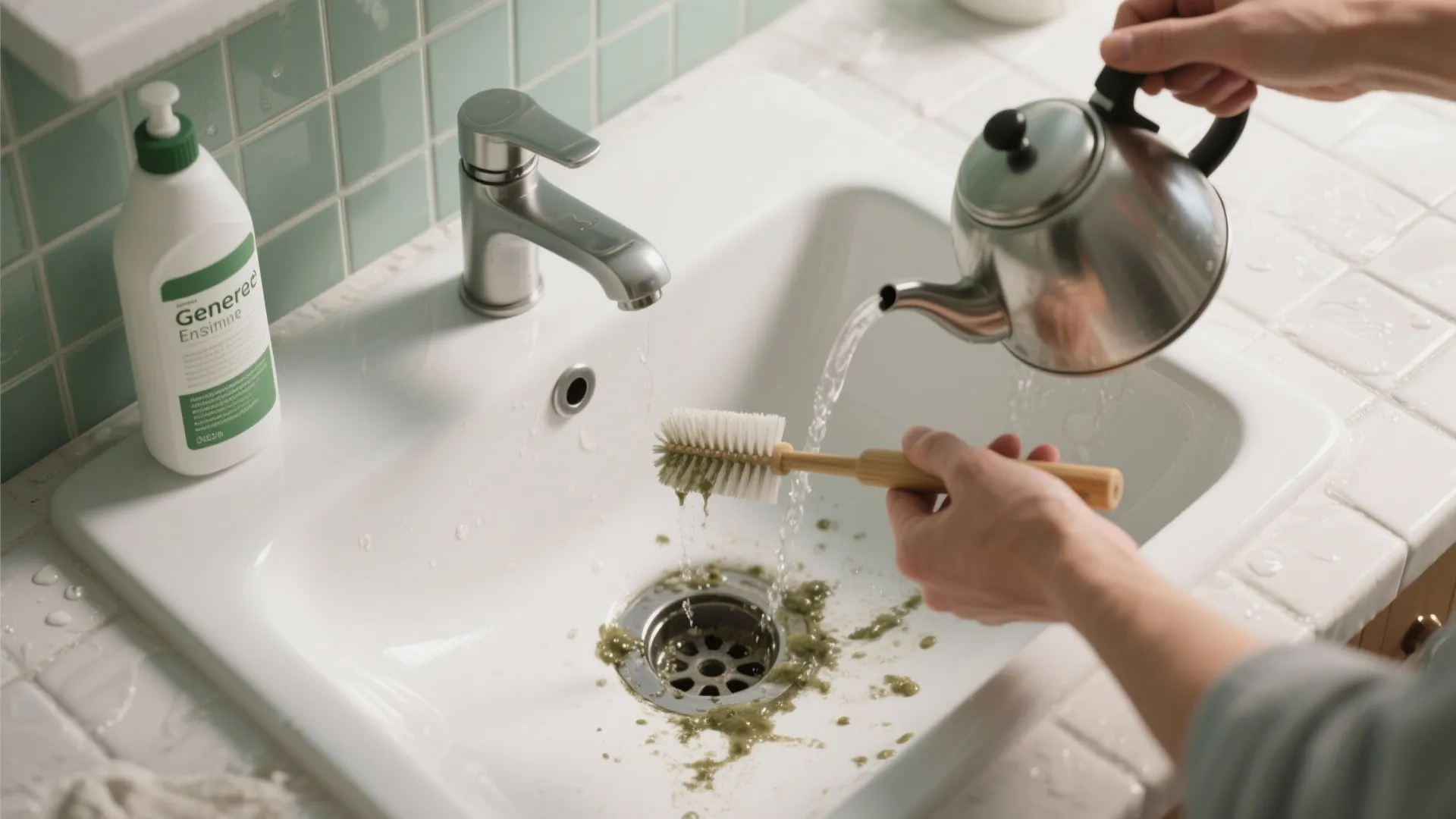 Person pouring hot water from a kettle to clean a dirty sink drain with brush