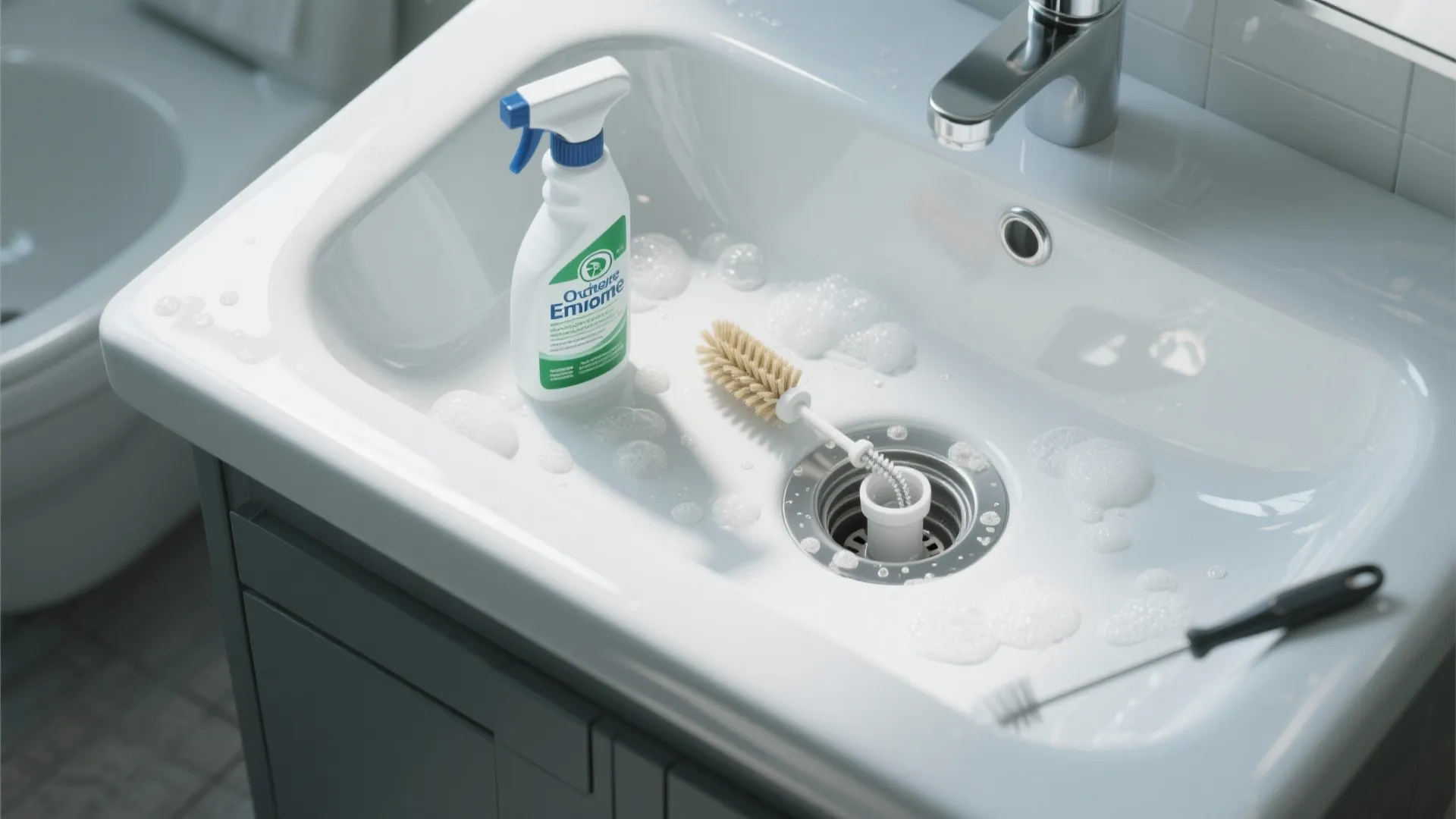 White bathroom sink with cleaning spray bottle brush and soap bubbles around the metal drain