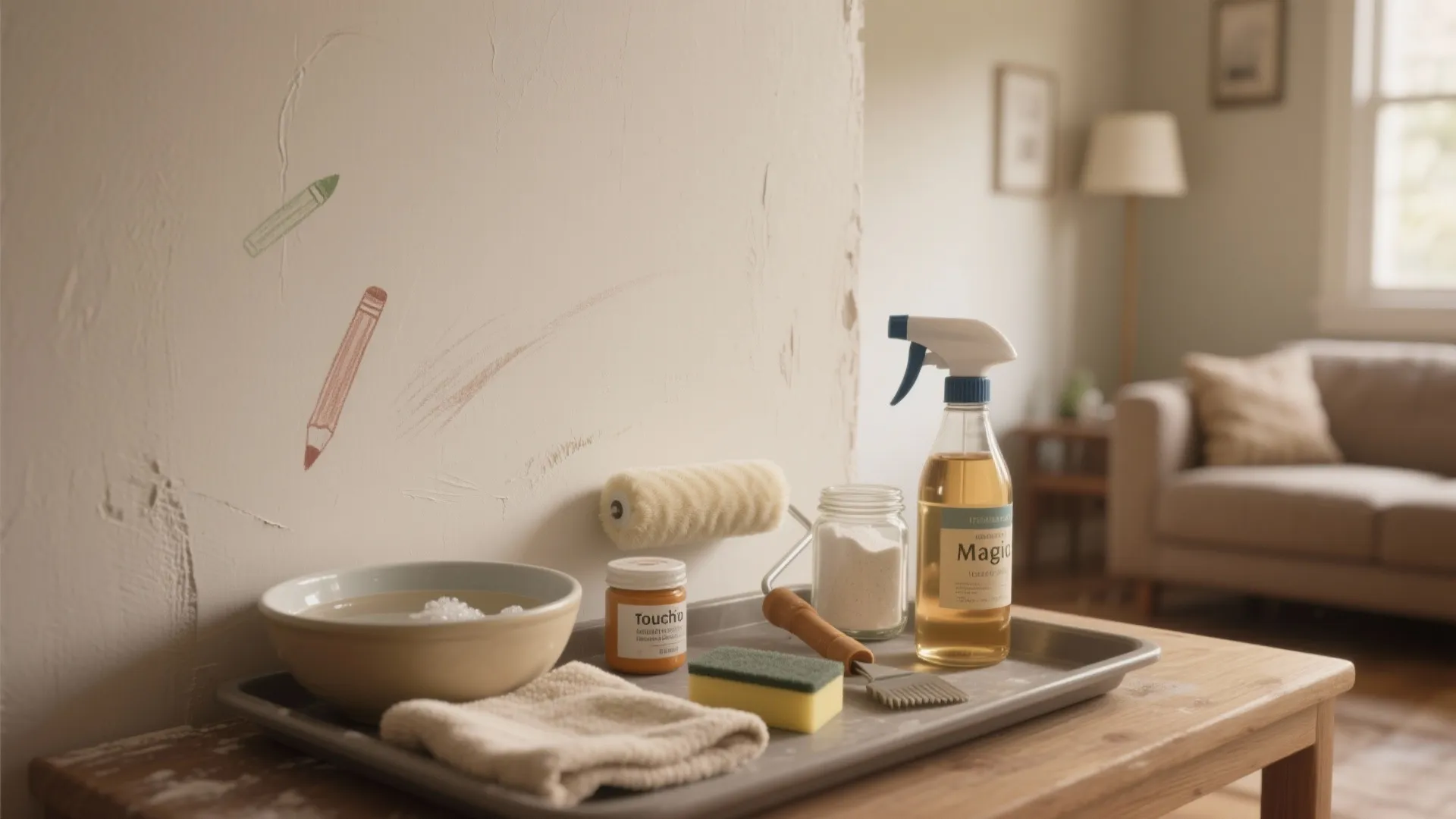 Tray with spray bottle, sponge, and soap bowl for cleaning pencil marks off a wall