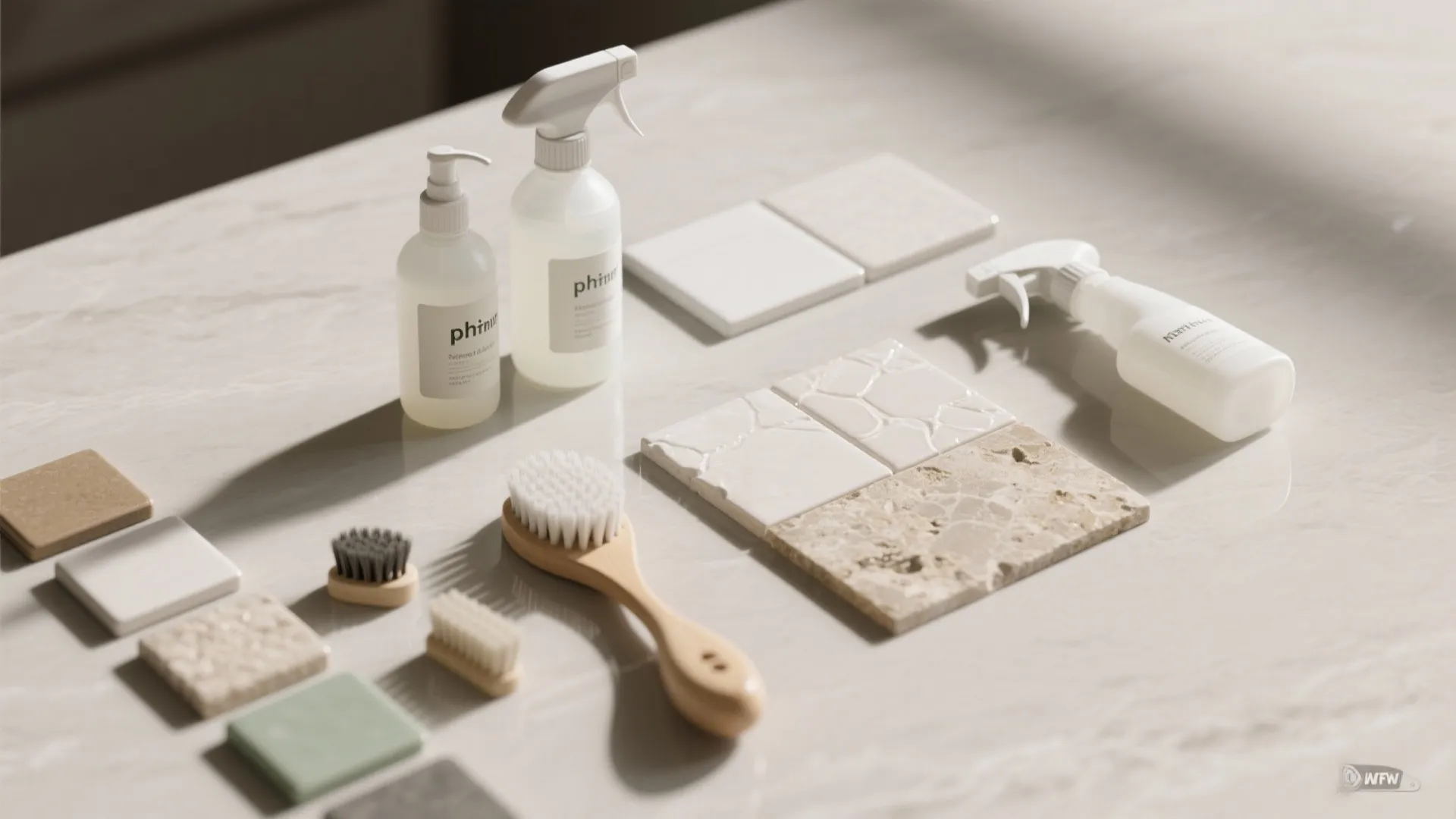 Cleaning spray bottles and various brushes arranged with different tile samples on a marble surface
