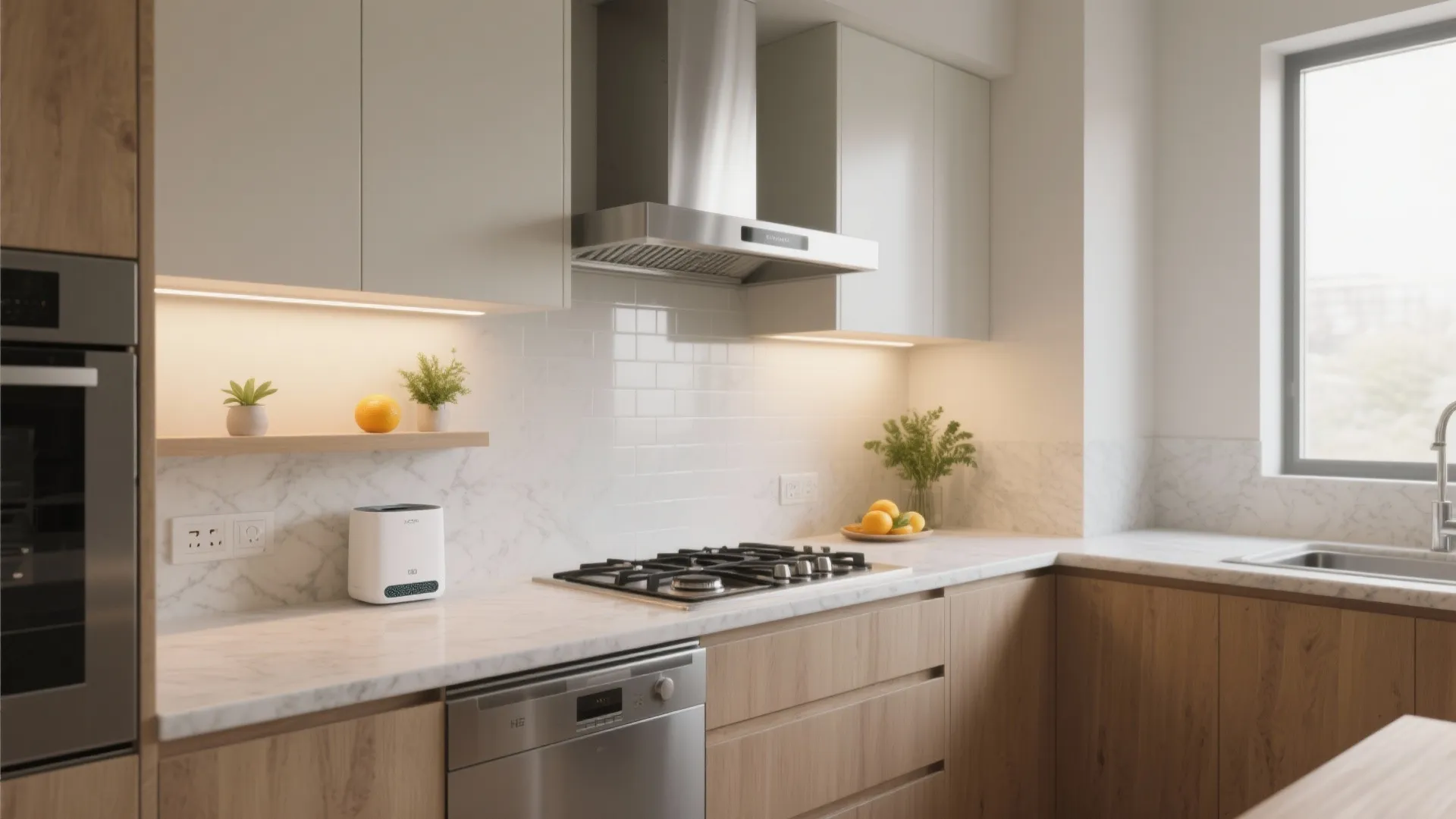Clean modern kitchen featuring marble countertop, wood cabinets, gas stove, sink, window, and stainless dishwasher