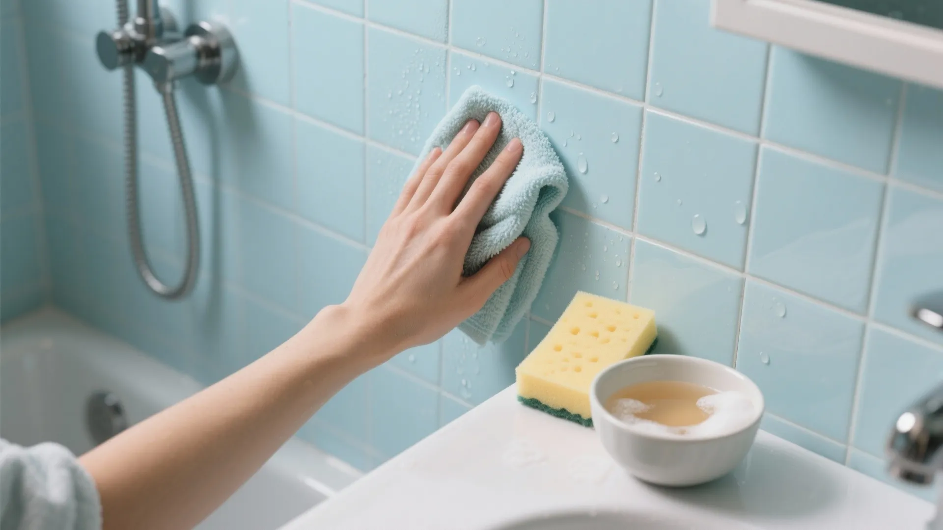 Close up of person cleaning blue wall tiles with light blue cloth and yellow sponge