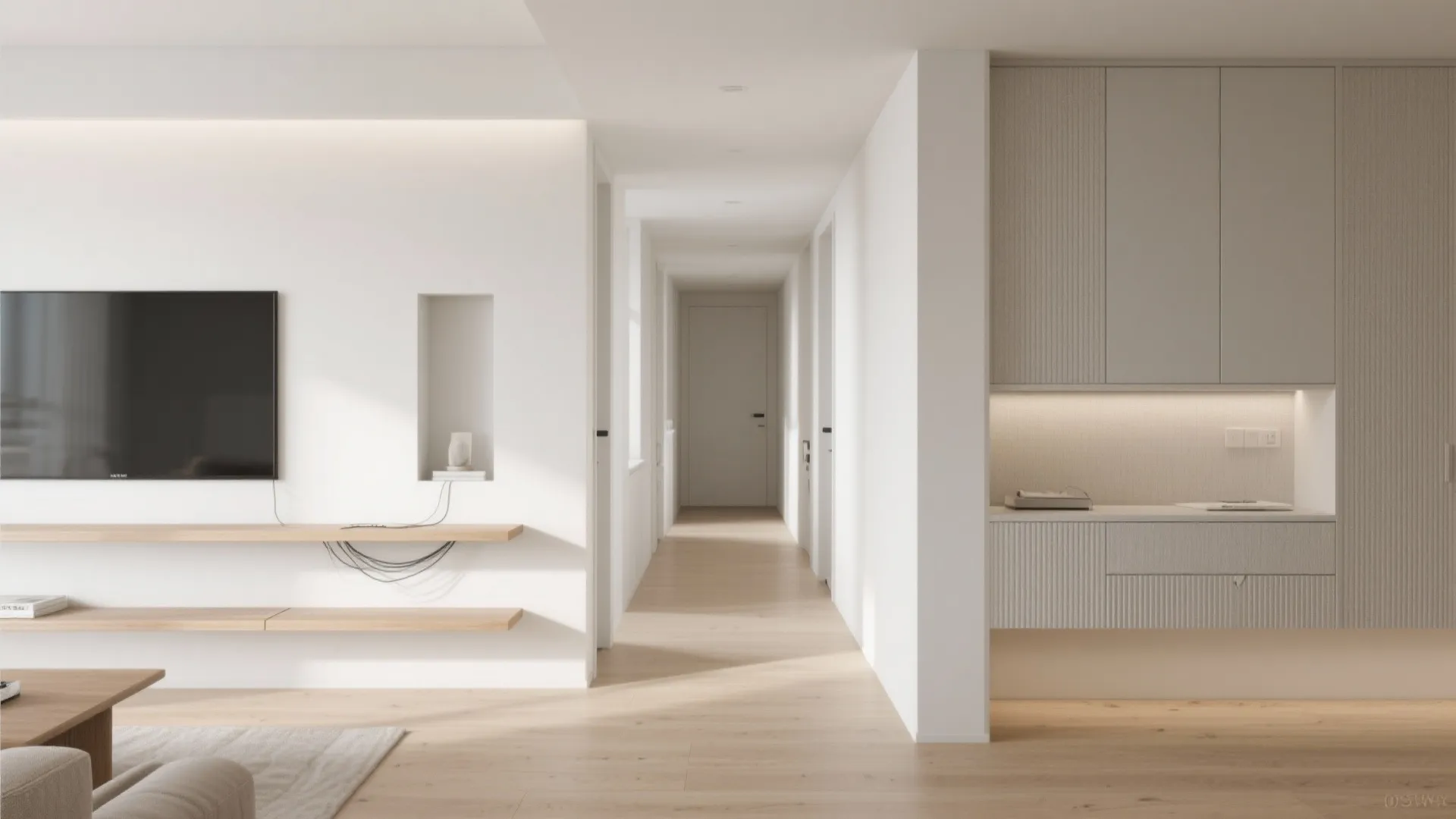 Minimalist white hallway with wood flooring leading to a door next to a grey cabinet