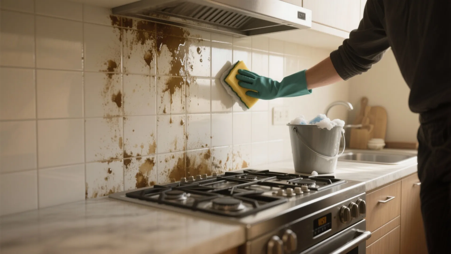 Person in green gloves cleaning grease stains from white kitchen wall tiles using yellow sponge