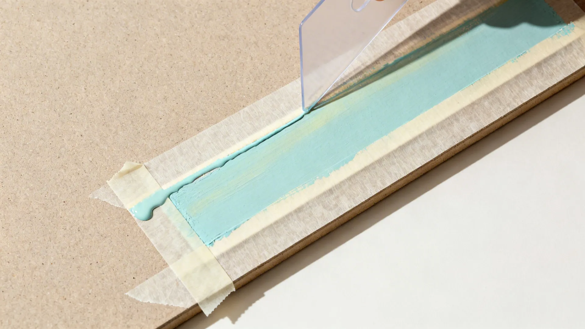 Top-down sequence showing tape burnishing, sealing with base color, and clean removal.