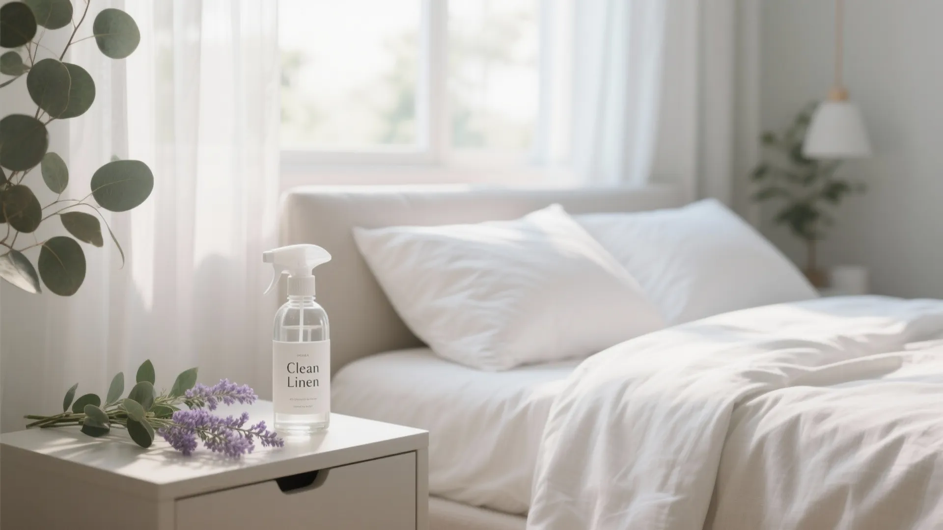 White bed with pillows and spray bottle on side table next to purple lavender flowers