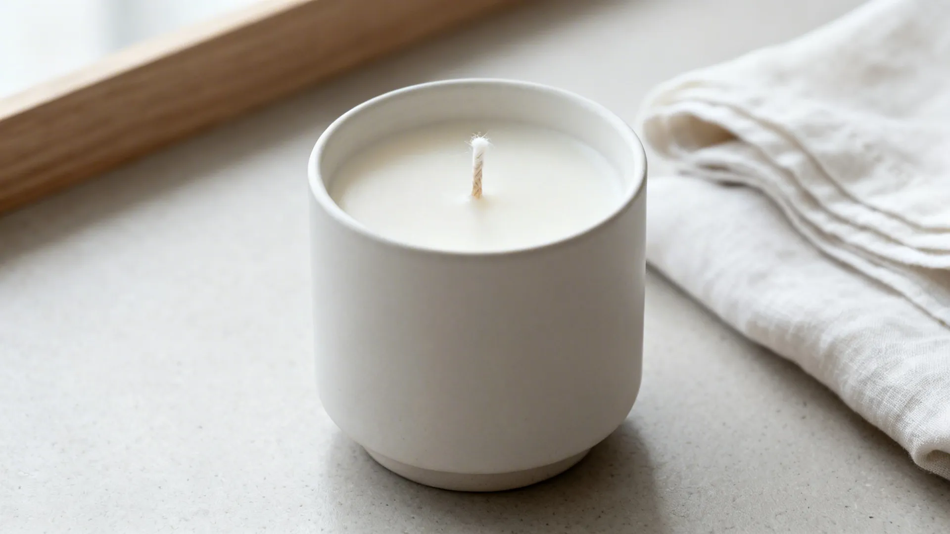 Macro of a clean linen candle on a minimalist countertop with soft textiles nearby.