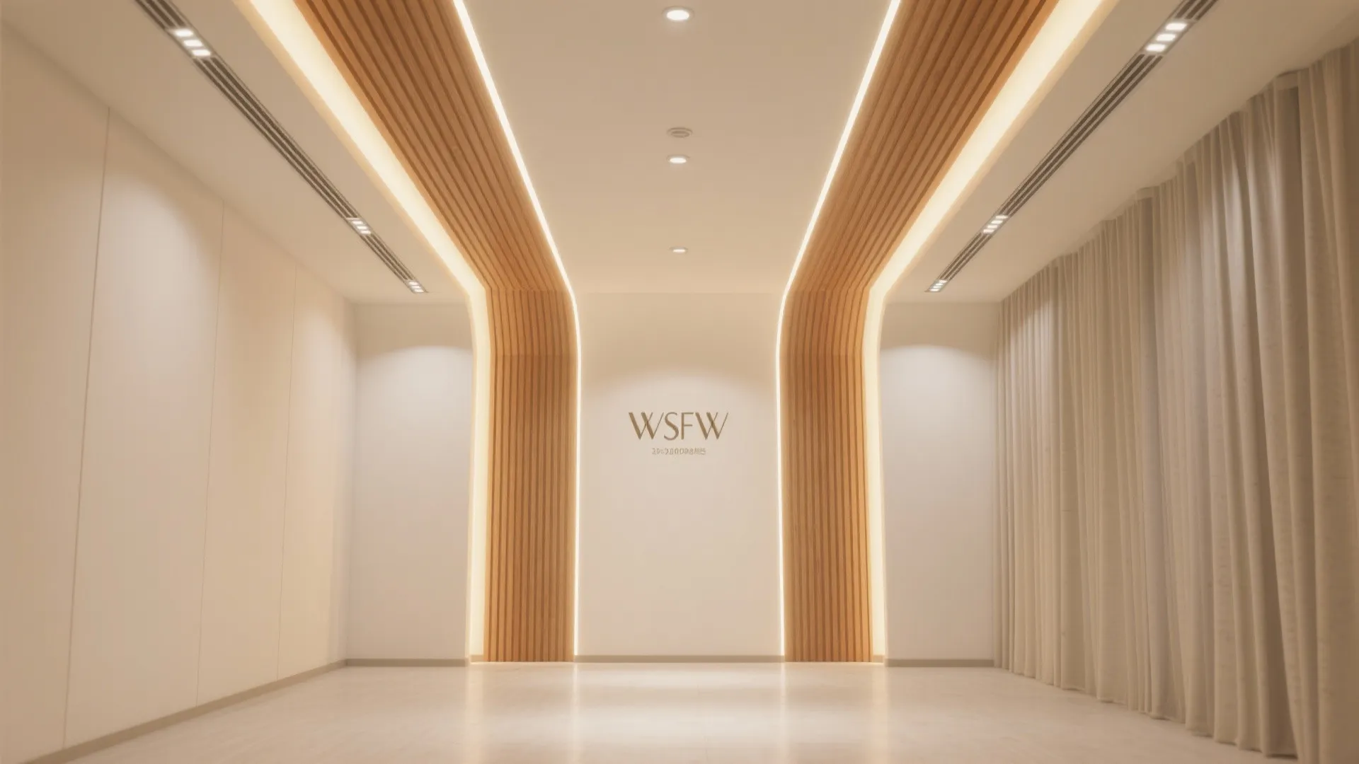Minimalist small wedding hall ceiling with linear LEDs, matte gypsum planes, and warm wood slats.