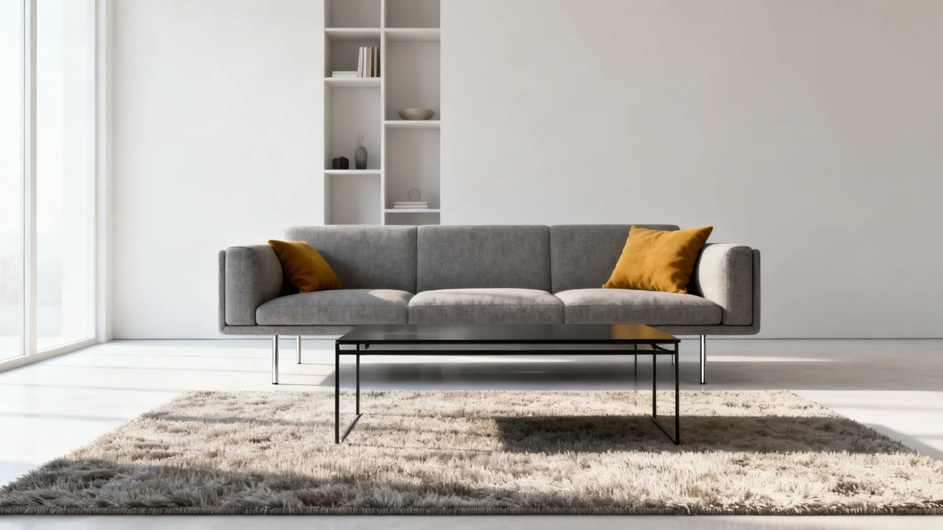 Minimalist living room with grey sofa yellow pillows black coffee table rug and white shelves