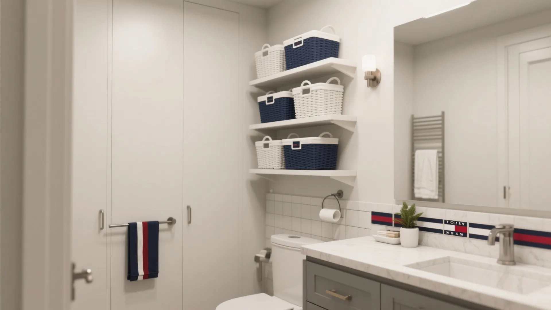 Small bathroom with clean lines and clever storage in preppy style