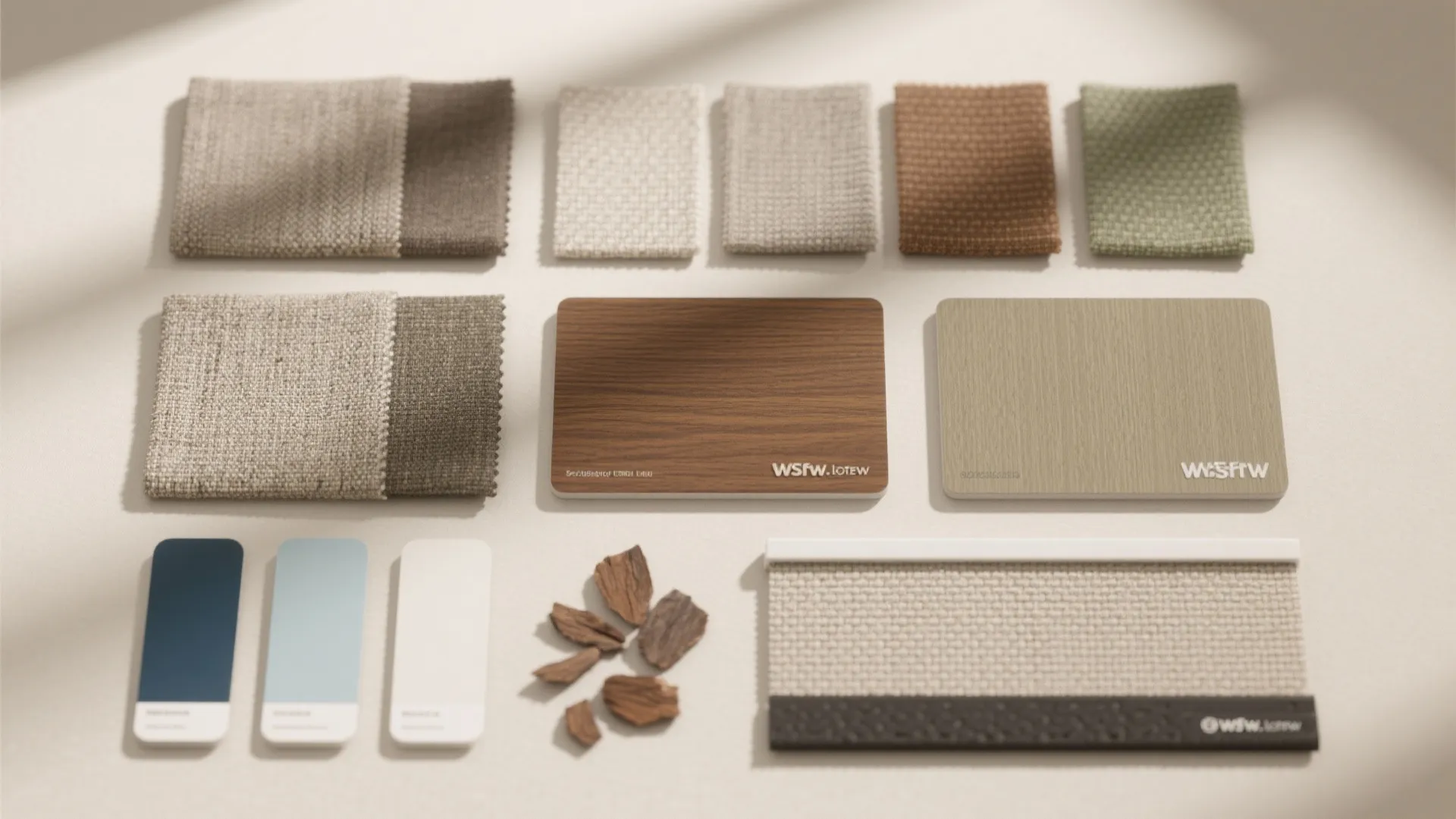 Flat lay of interior design material samples with fabric wood pieces color swatches and curtains