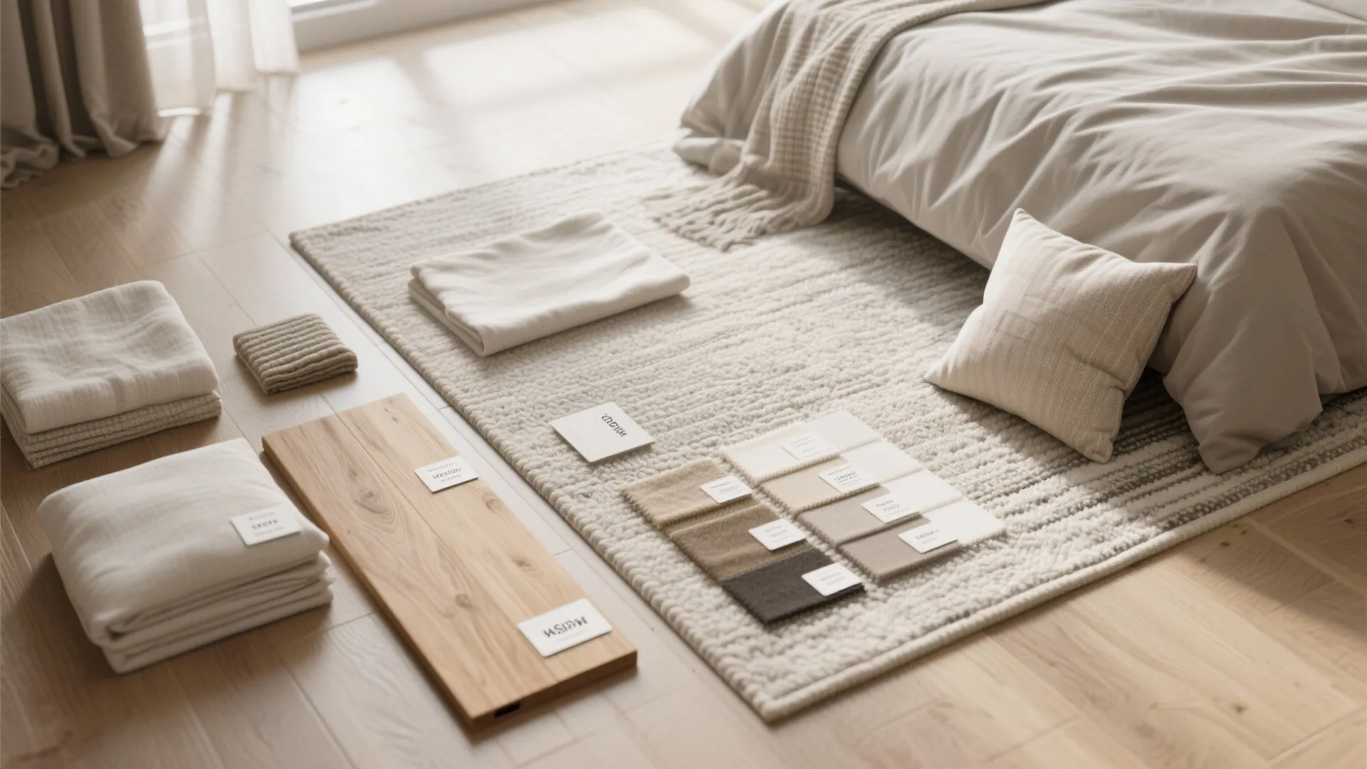 Flatlay of washable linens, low-pile rug sample, and hardwood flooring showing clean-friendly materials for bedrooms.