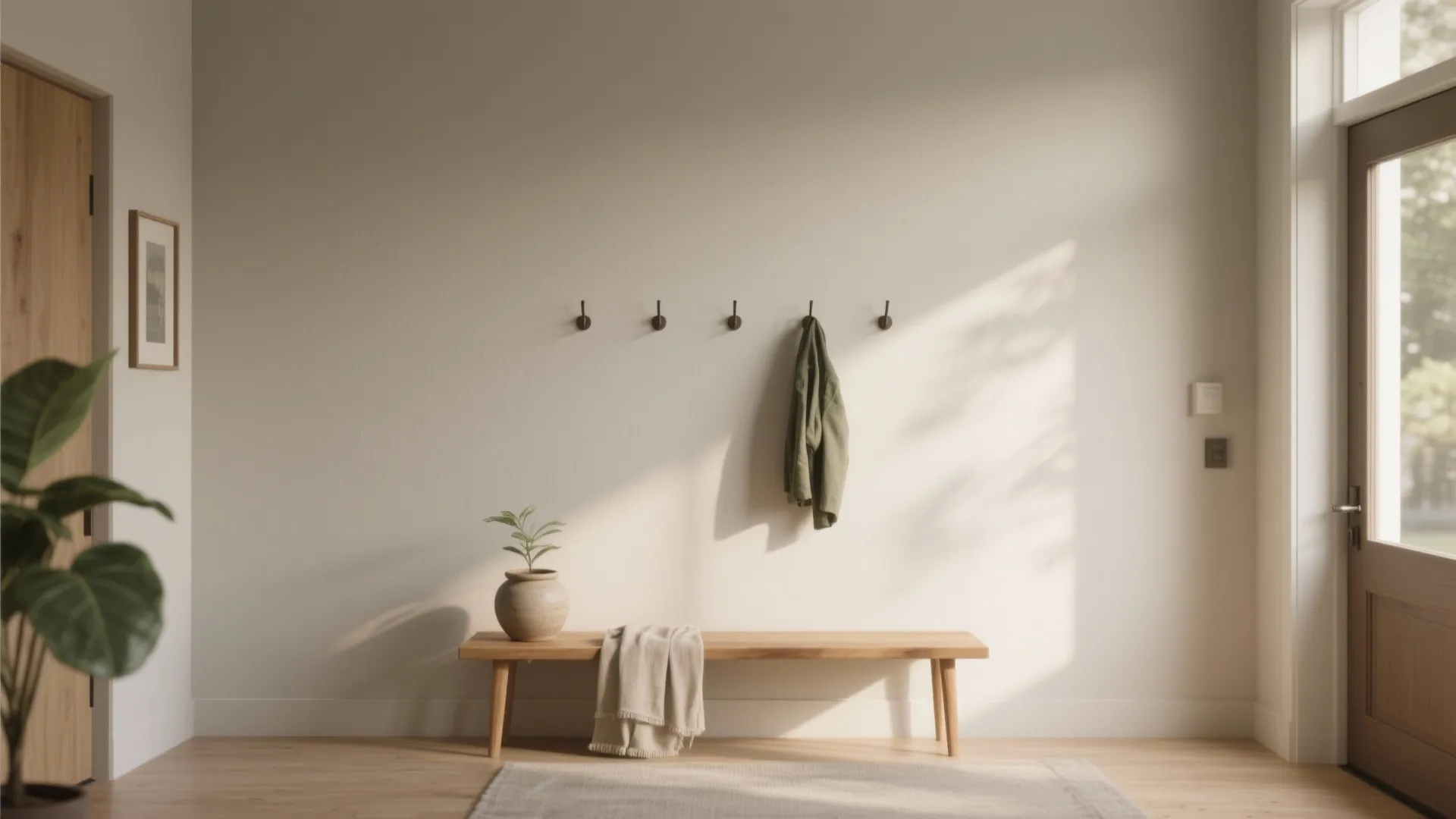 Minimalist entryway with wooden bench plant wall hooks and green jacket under soft natural sunlight
