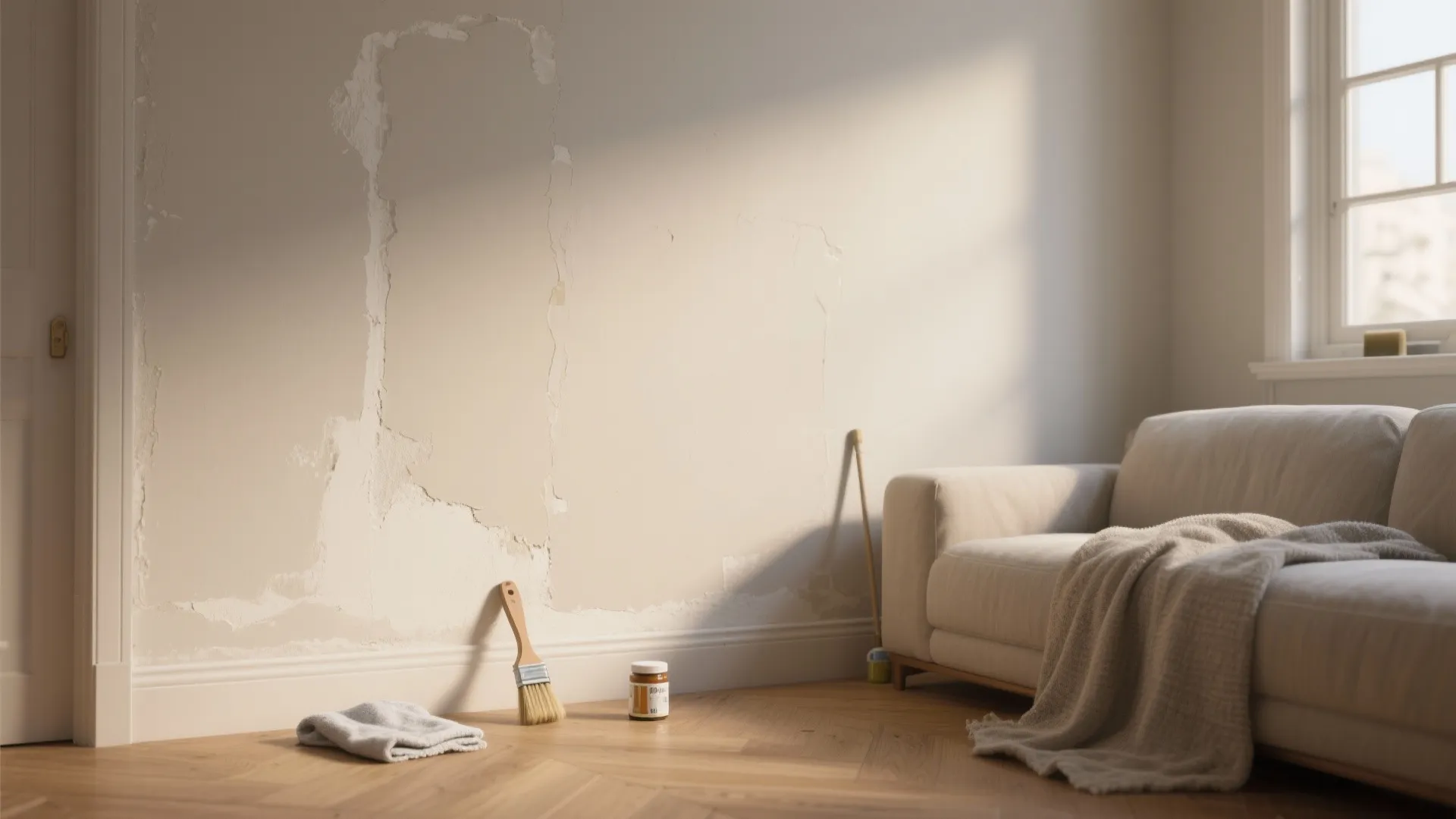 Living room with damaged wall panel sofa wooden floor and cleaning tools for wall repair