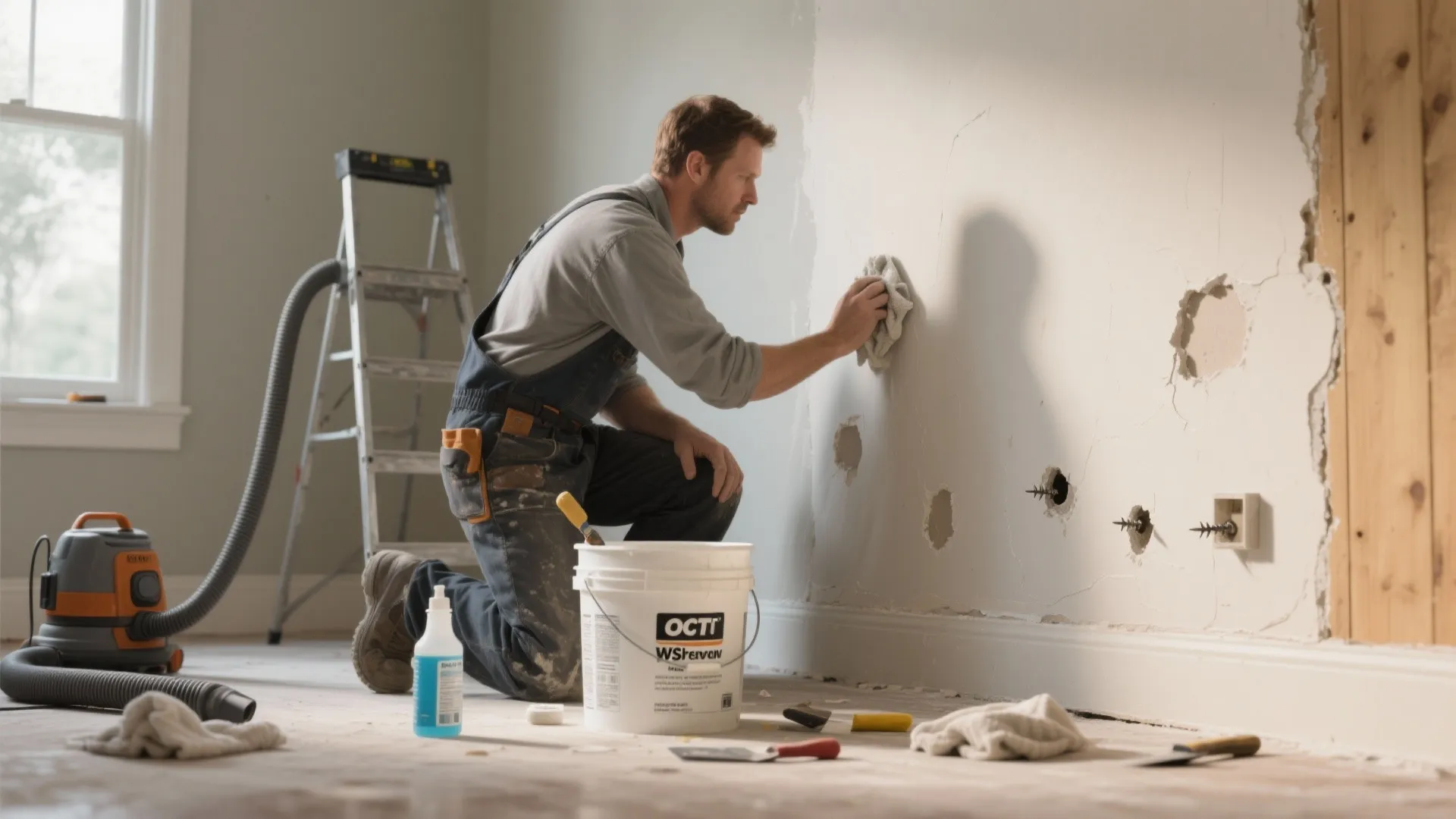 Man in blue overalls cleaning a damaged white wall with white bucket and tools nearby