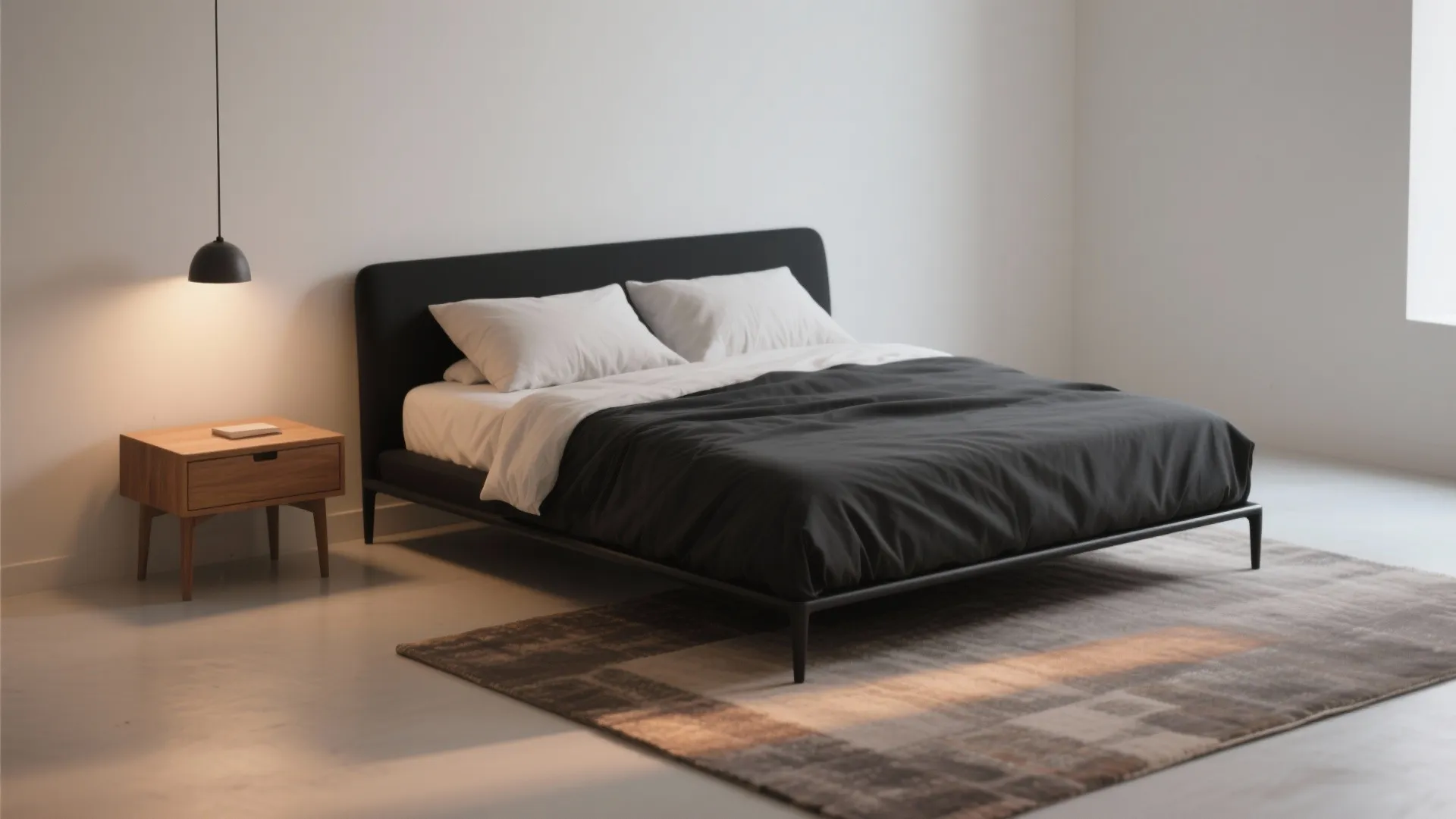 Minimalist bedroom with a black bed white pillows wooden side table and a hanging light