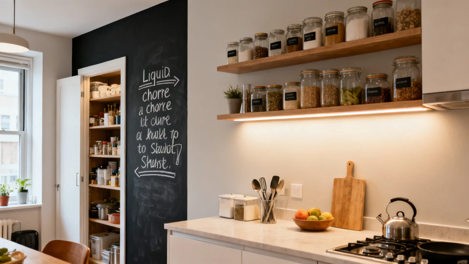 Shared kitchen with a chalkboard panel showing a witty chore quote near the pantry.