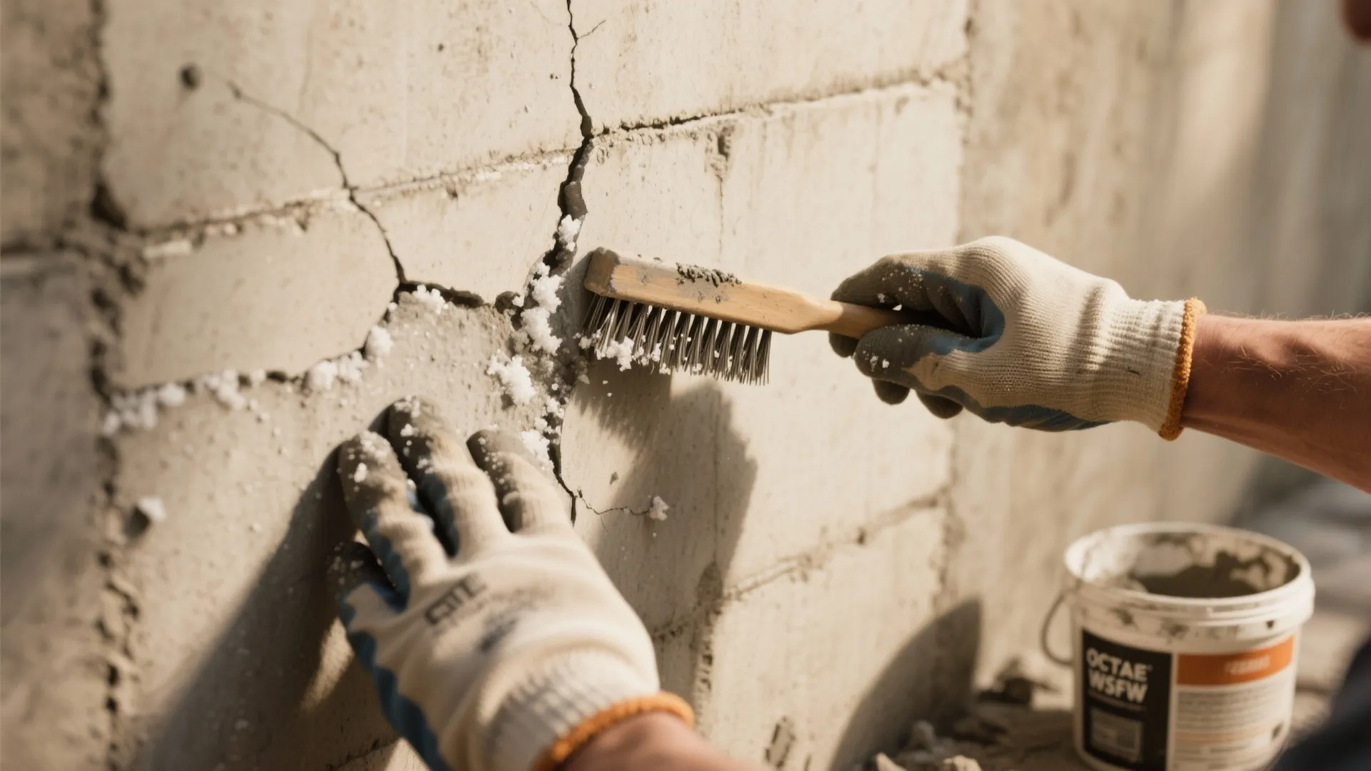 Gloved hands using a metal brush to clean a crack in a white brick wall