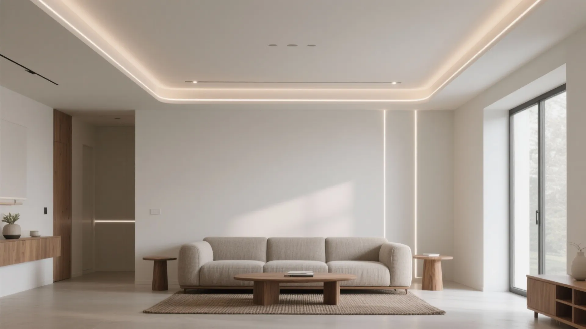 Minimalist living room featuring beige sofa, wooden coffee table, rug, ceiling light and large windows