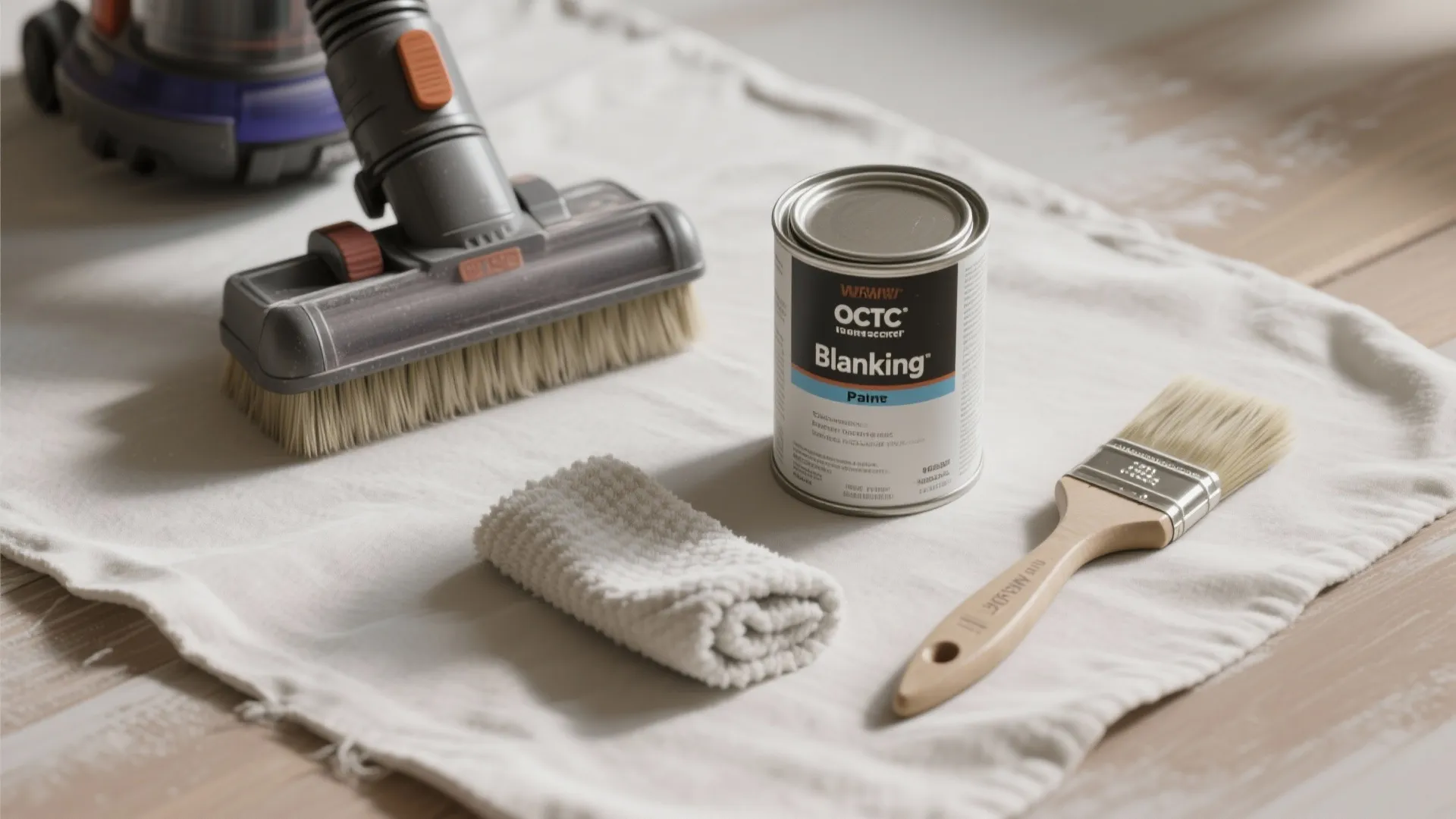 Vacuum cleaner head with paint can and brush on a white drop cloth for painting