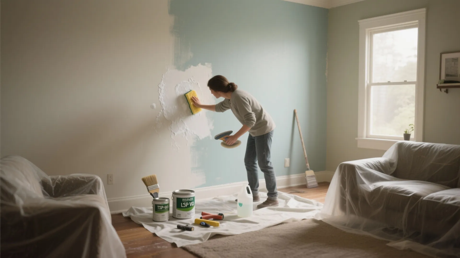 Painter scrubbing and sanding walls with supplies and low-VOC paint cans ready.