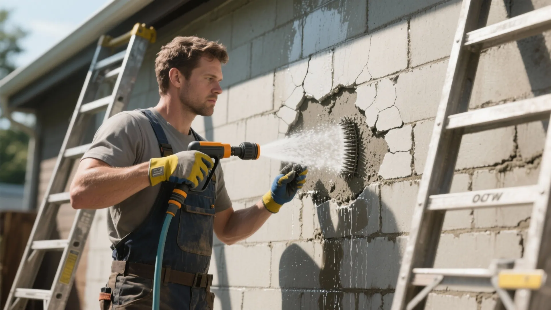 Man using a water sprayer to clean a damaged brick wall during a home repair
