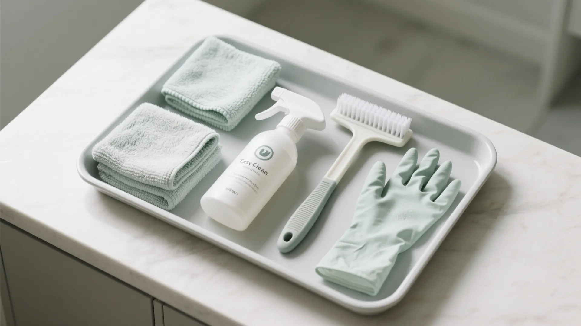 Top-down flat lay of a bathroom cleaning toolkit with microfiber cloths, unbranded sprays, a squeegee, and a nylon brush on a tray.