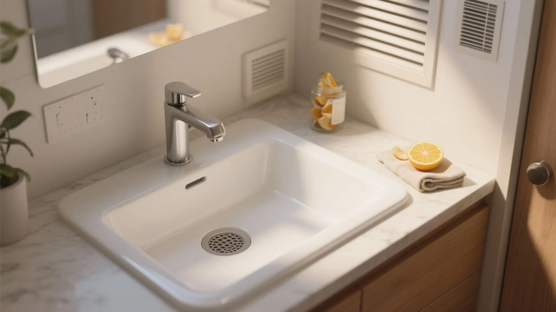 White bathroom sink with silver faucet on marble counter with lemon and towel in sunlight