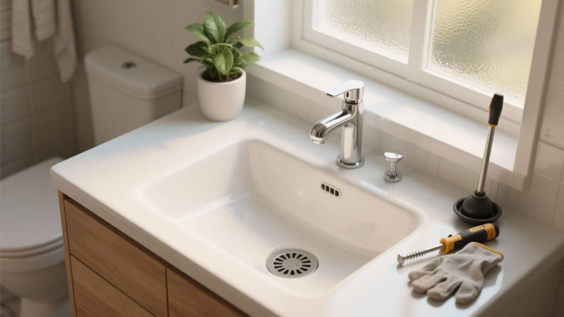 Clean white bathroom sink with a screwdriver and gloves on the wooden cabinet storage unit