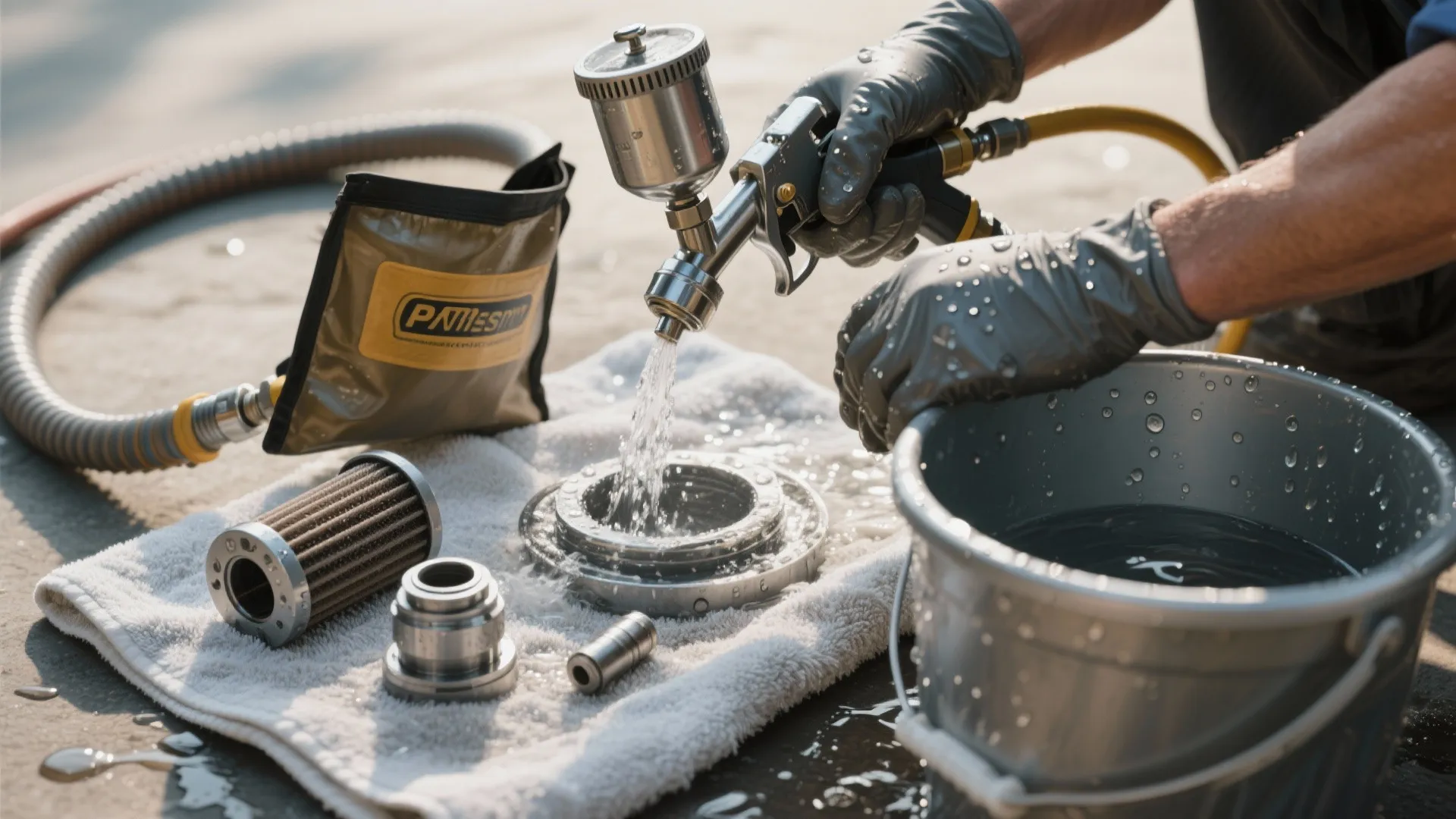 Cleaning a metal paint sprayer with water over a bucket and towel on the ground