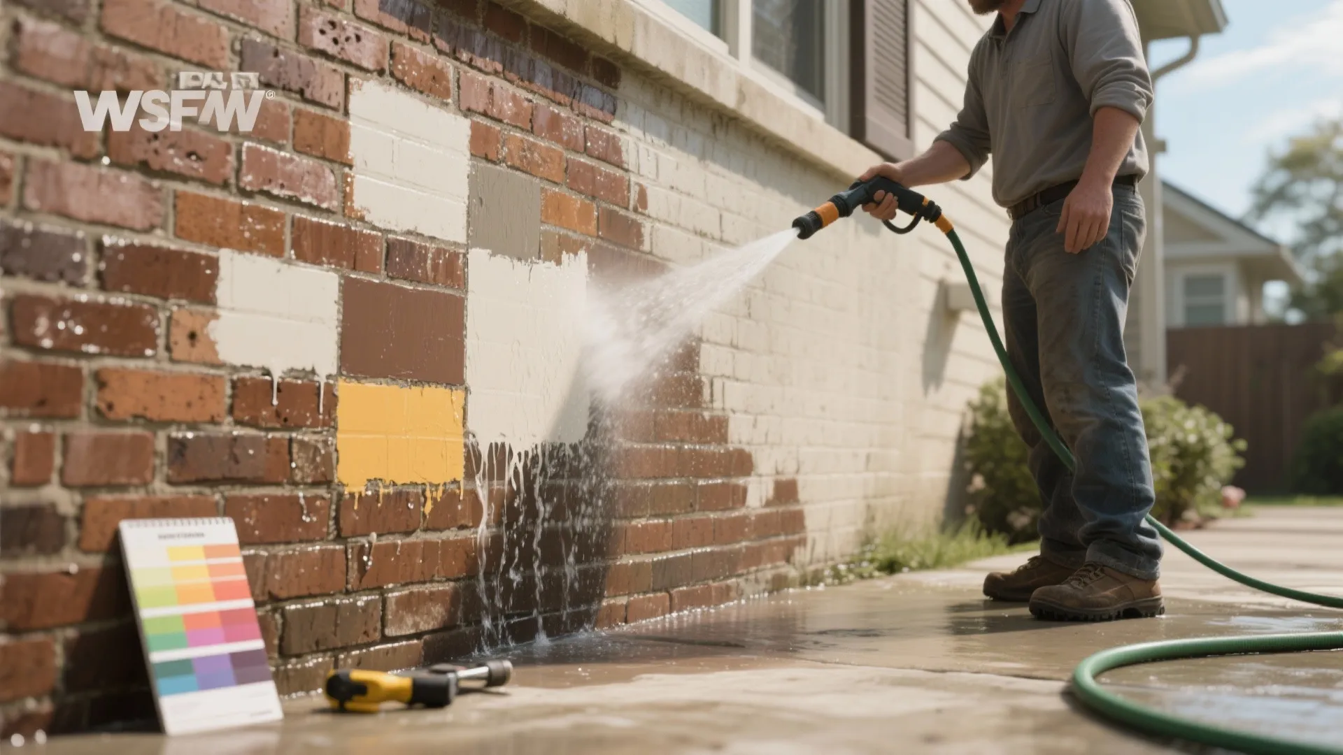 Man using water hose to spray clean brick wall with different paint color test samples outside