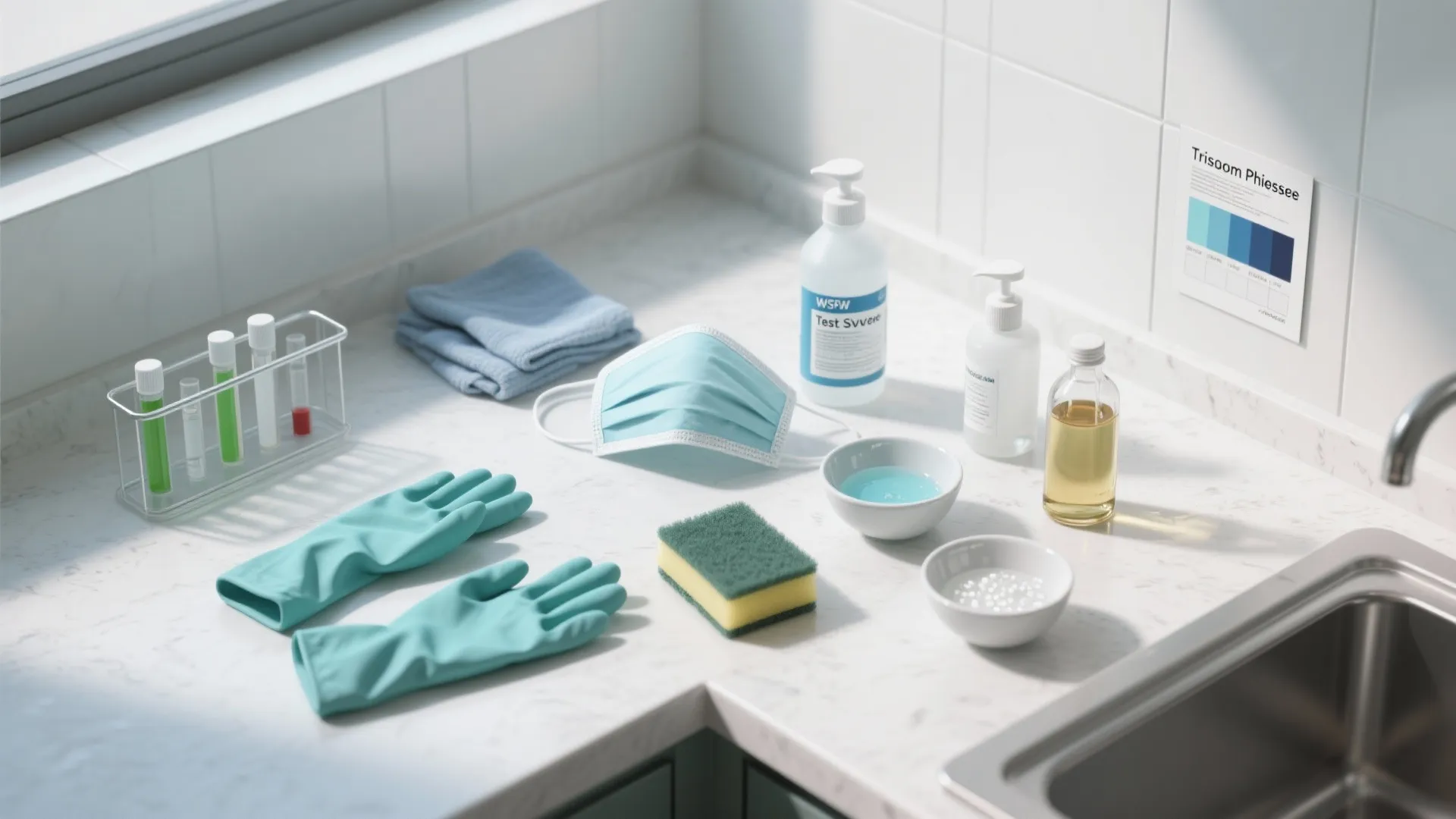 Cleaning supplies including green rubber gloves a blue face mask sponge and bottles on counter