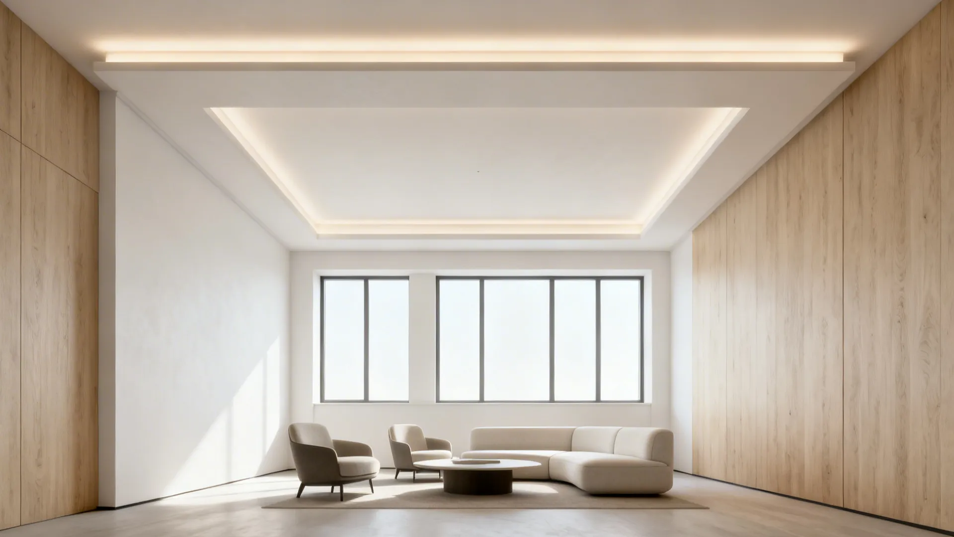 Shallow tray ceiling with inward LED wash and clear center area.