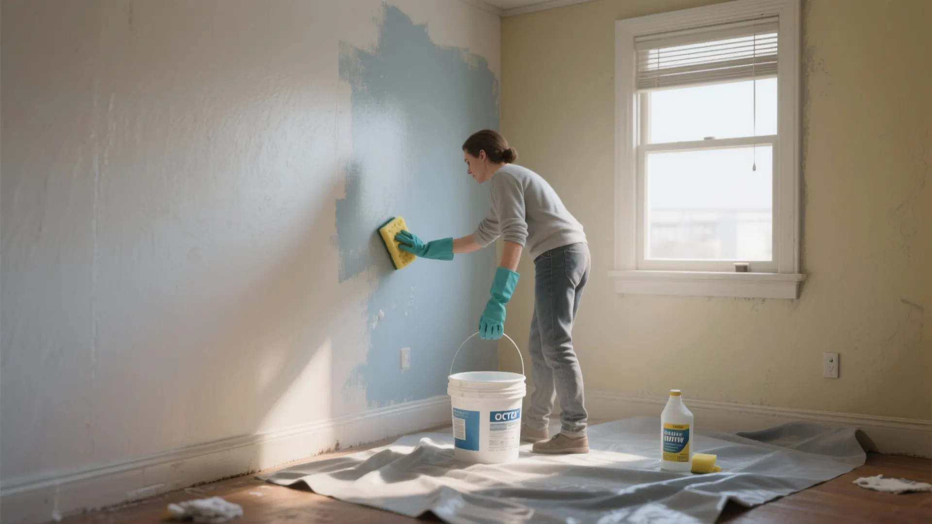 Woman wearing gloves cleaning indoor wall with sponge and bucket before painting in bright room