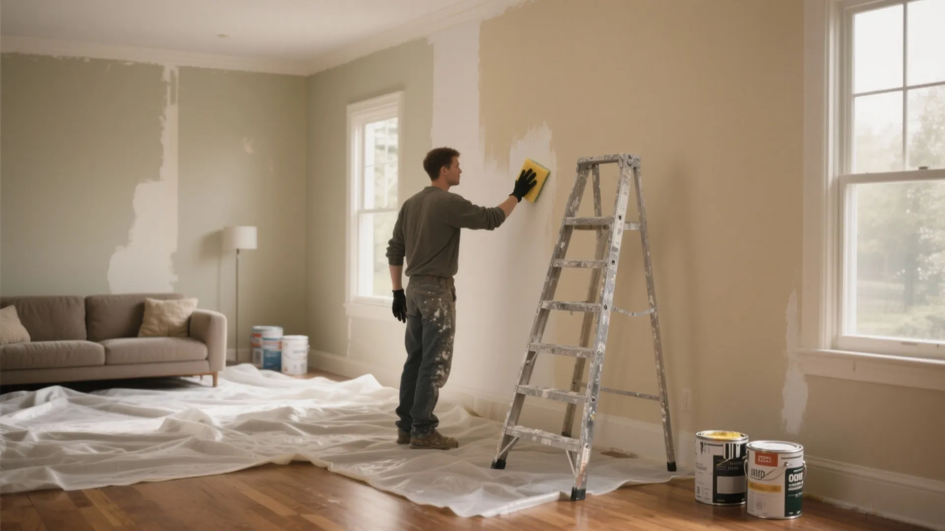 Man standing on a ladder cleaning a living room wall with a yellow sponge and bucket