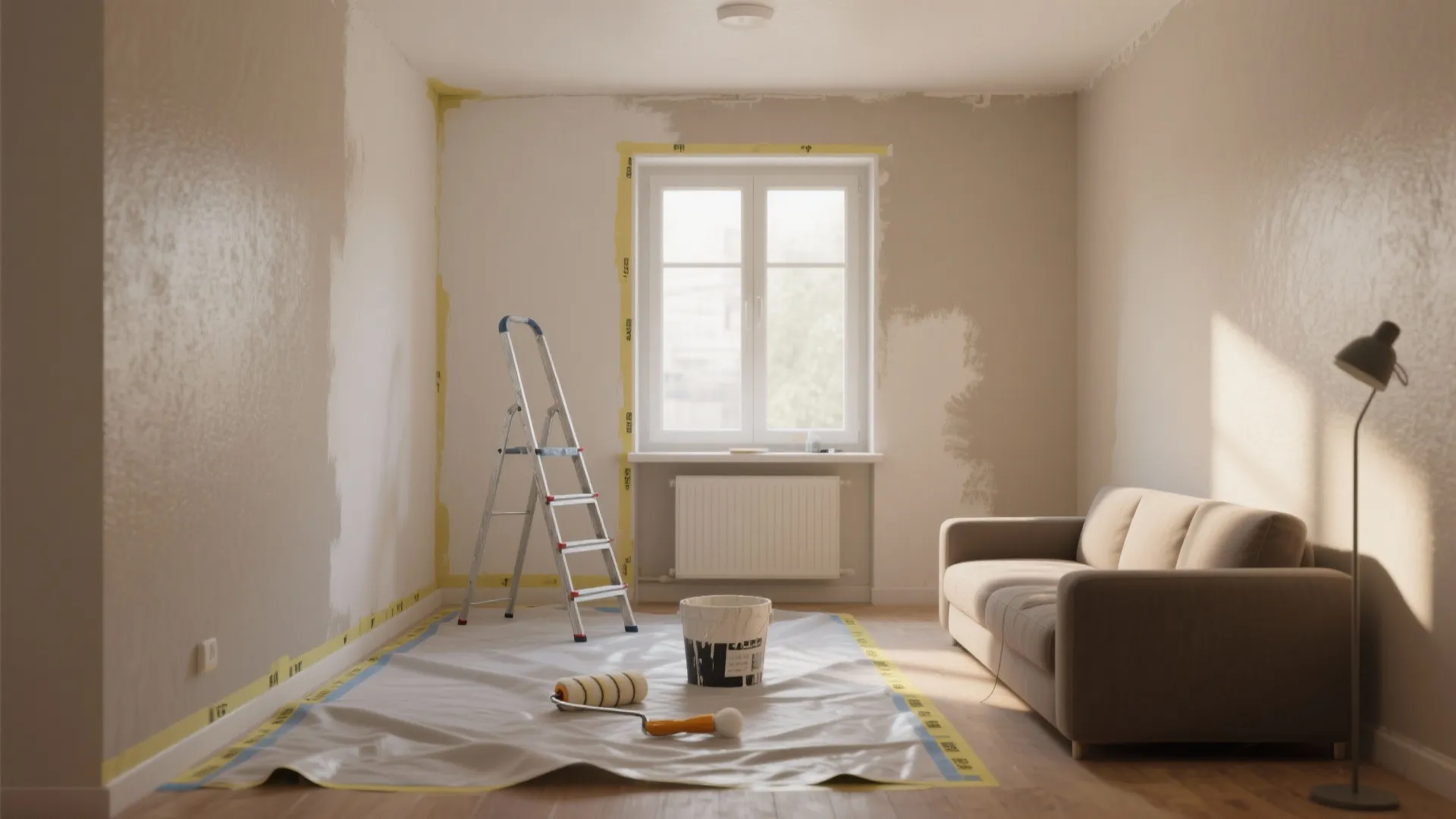 Living room during wall painting with ladder bucket paint roller sofa and protective floor sheet