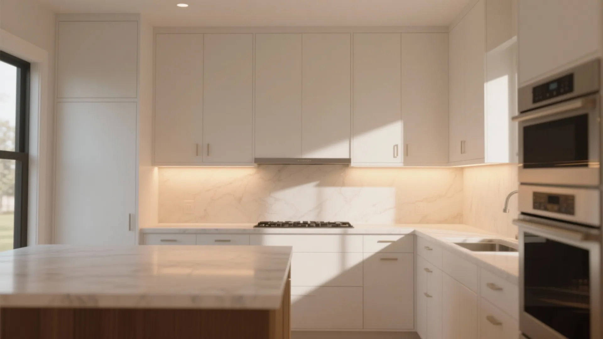 Modern white kitchen with marble countertops island sink gas stove tall cabinets and built-in ovens
