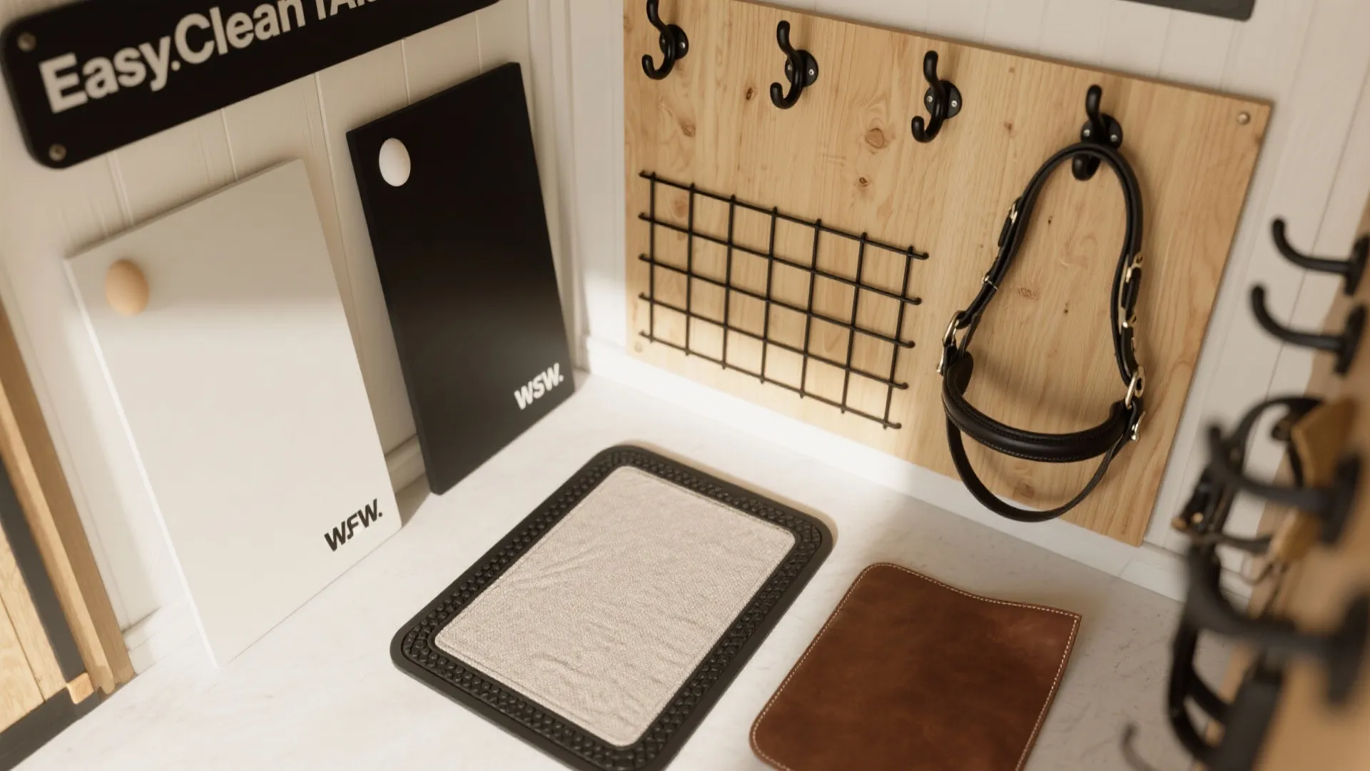 Storage area featuring wooden wall panel with hooks, black wire rack, floor mats, and accessories