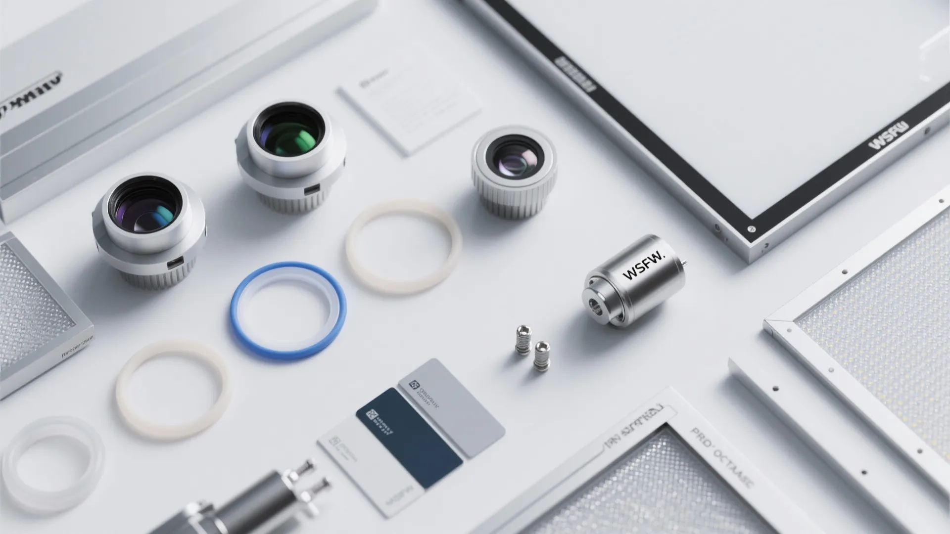 Flat lay of bonded lenses, gaskets, stainless hardware, and micro-prismatic diffusers.