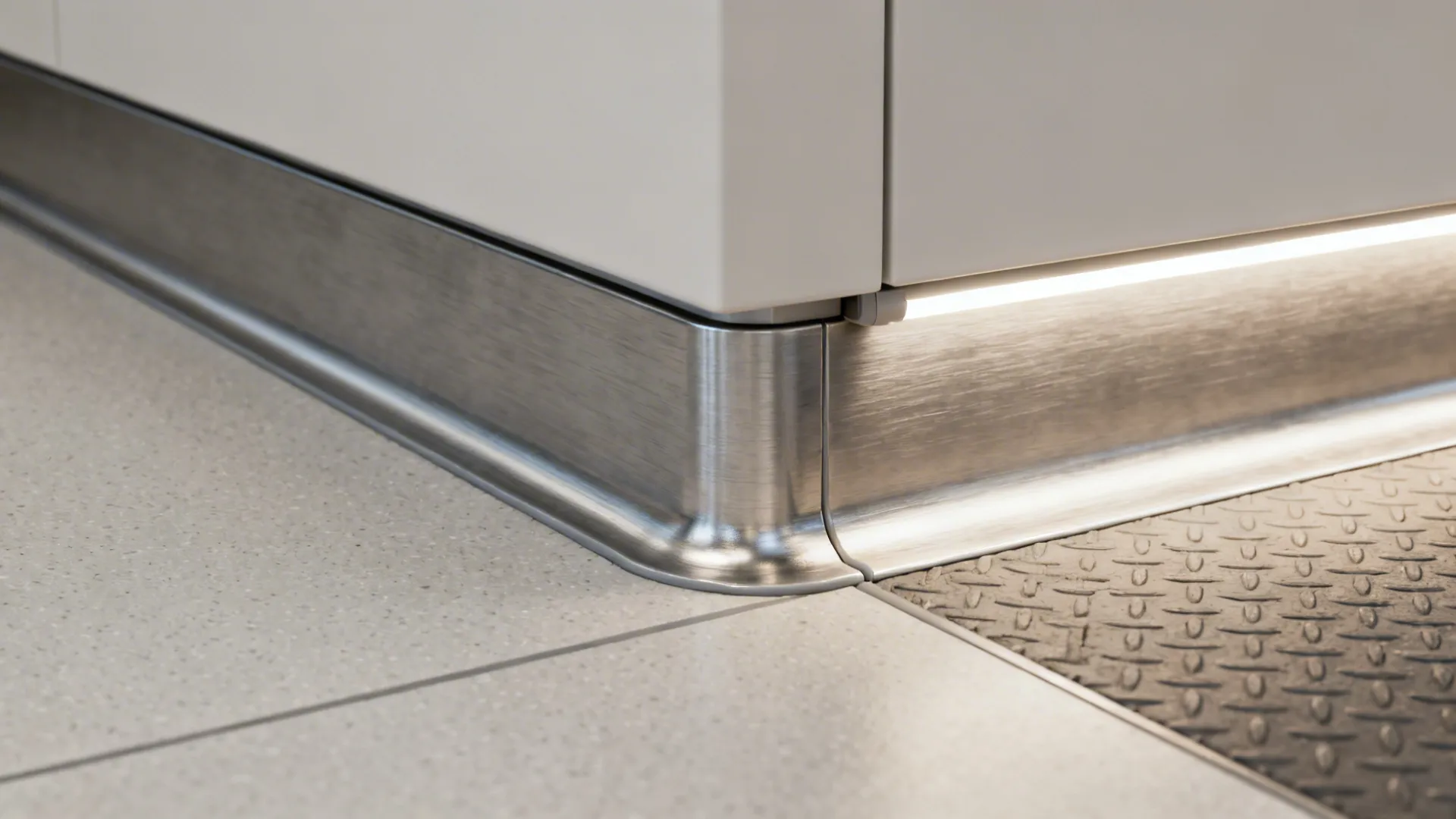 Macro of coved stainless counter, sealed wall panel, and under-shelf LED lighting.