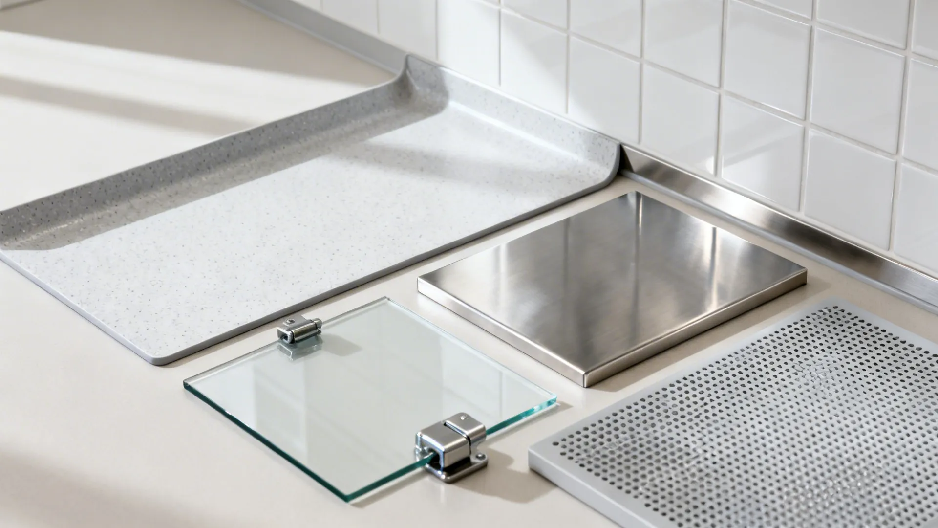 Flat lay of hospital-cleanable finishes and acoustic panel samples.