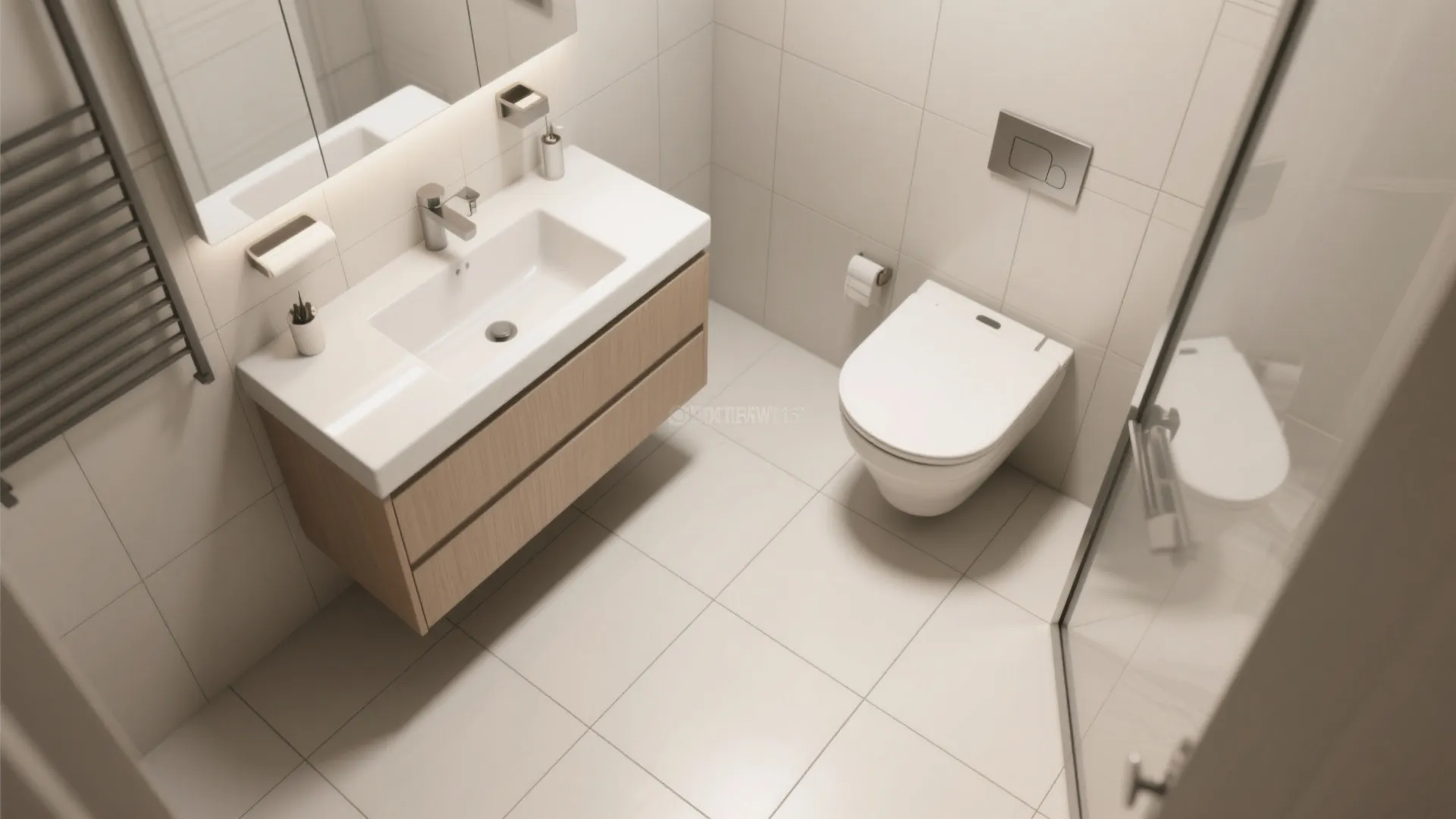 Modern bathroom with wooden cabinet sink white toilet tiled floor and wall light from mirror