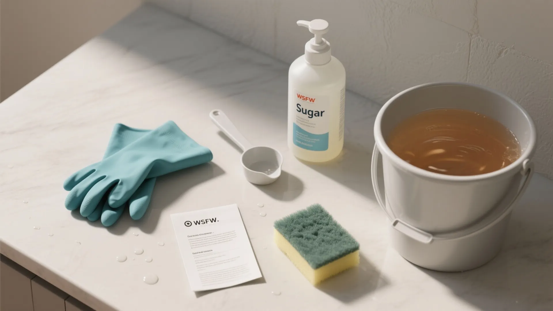 Cleaning supplies including blue rubber gloves sponge bottle of soap and bucket on marble countertop