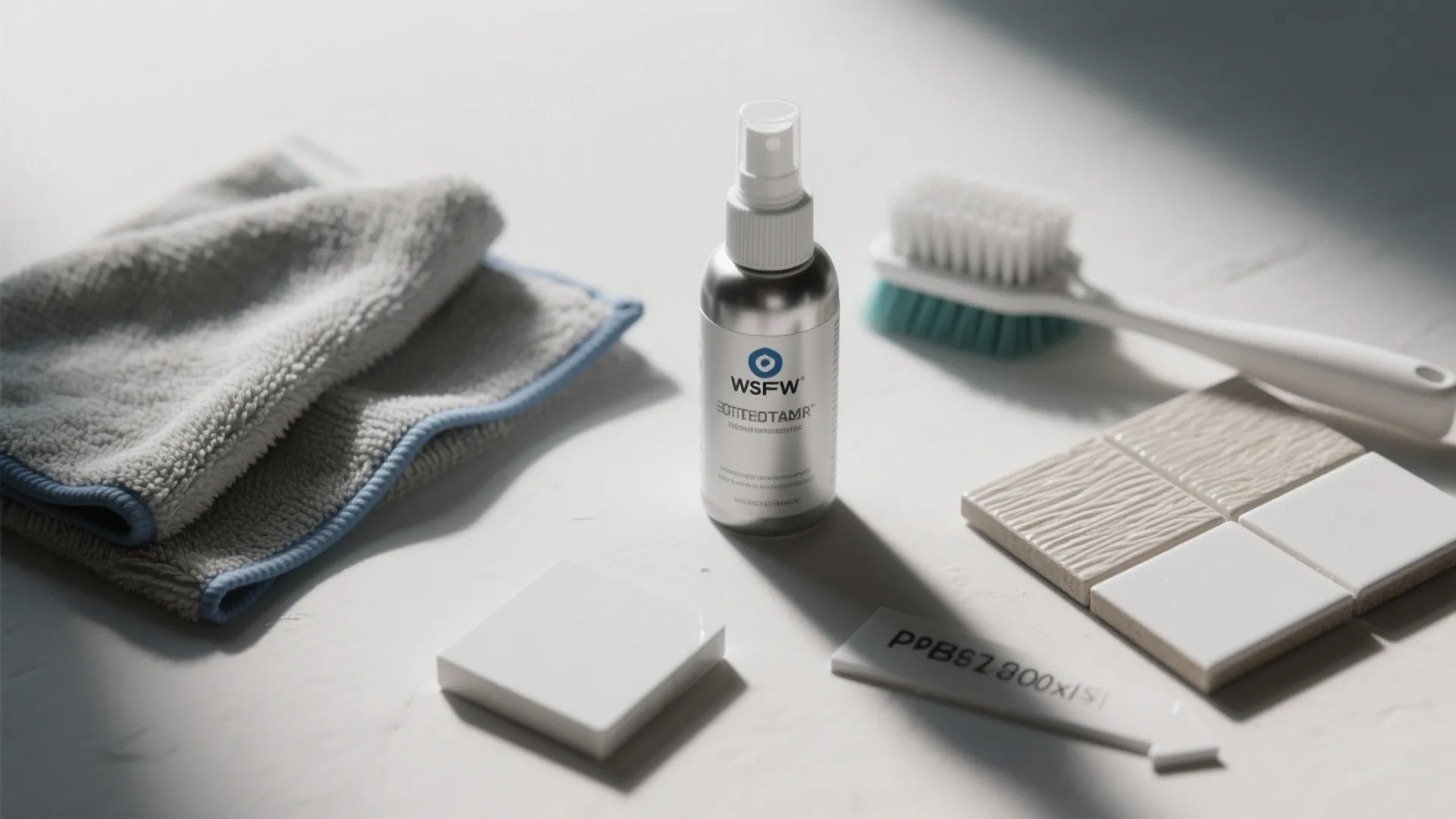 Cleaning spray bottle with microfibre cloth white brush and small tile samples on a white surface