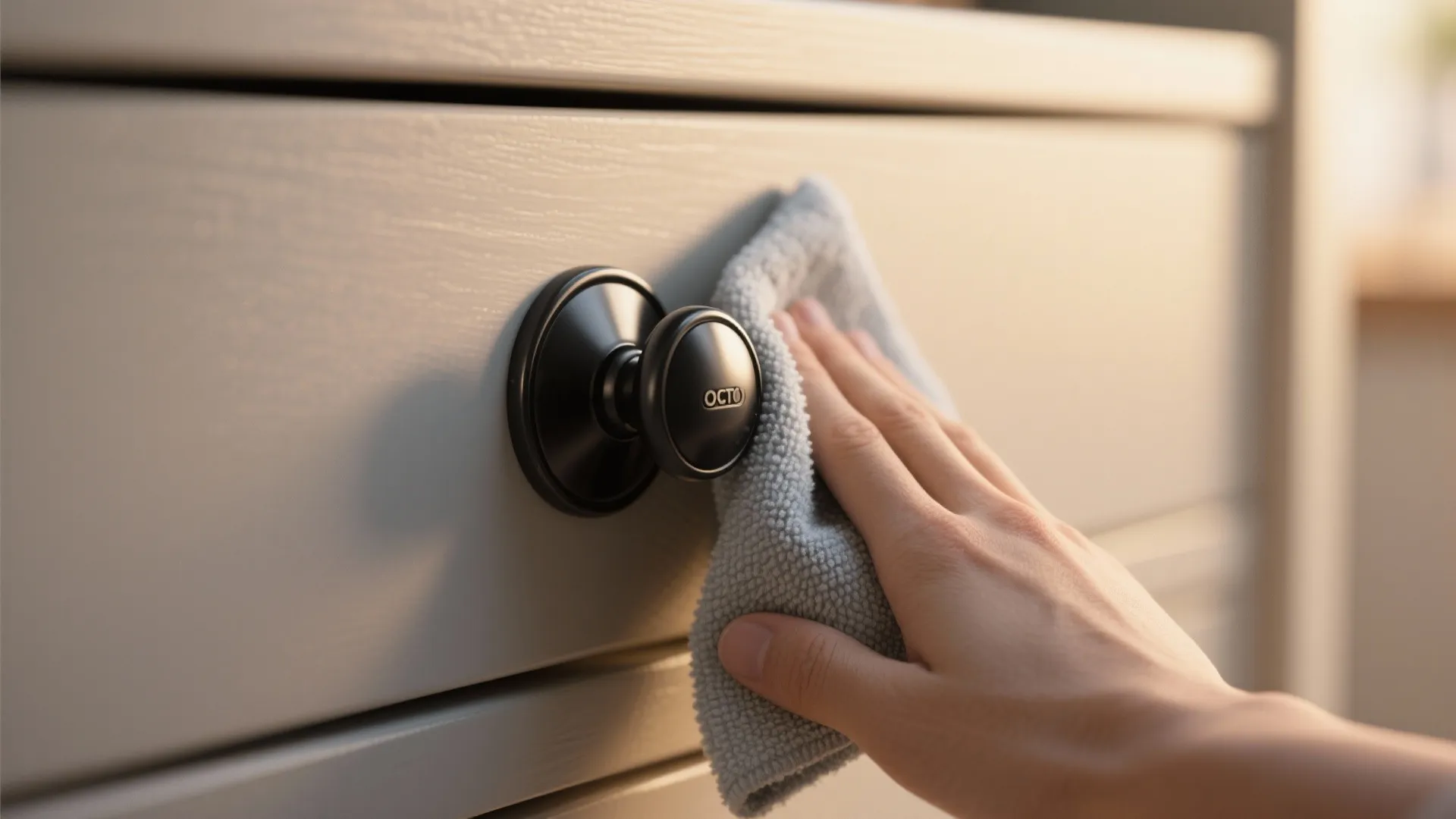 Microfiber cloth cleaning a matte black cabinet knob to show maintenance tips