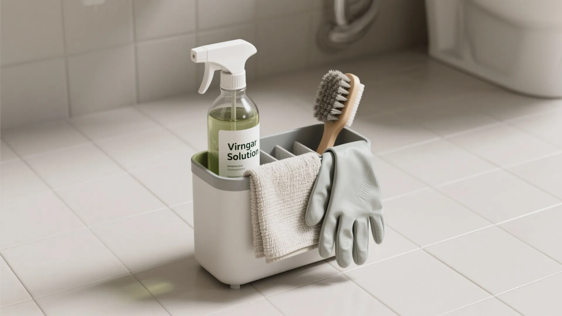 White cleaning caddy with spray bottle brush towel and grey gloves on tiled bathroom floor