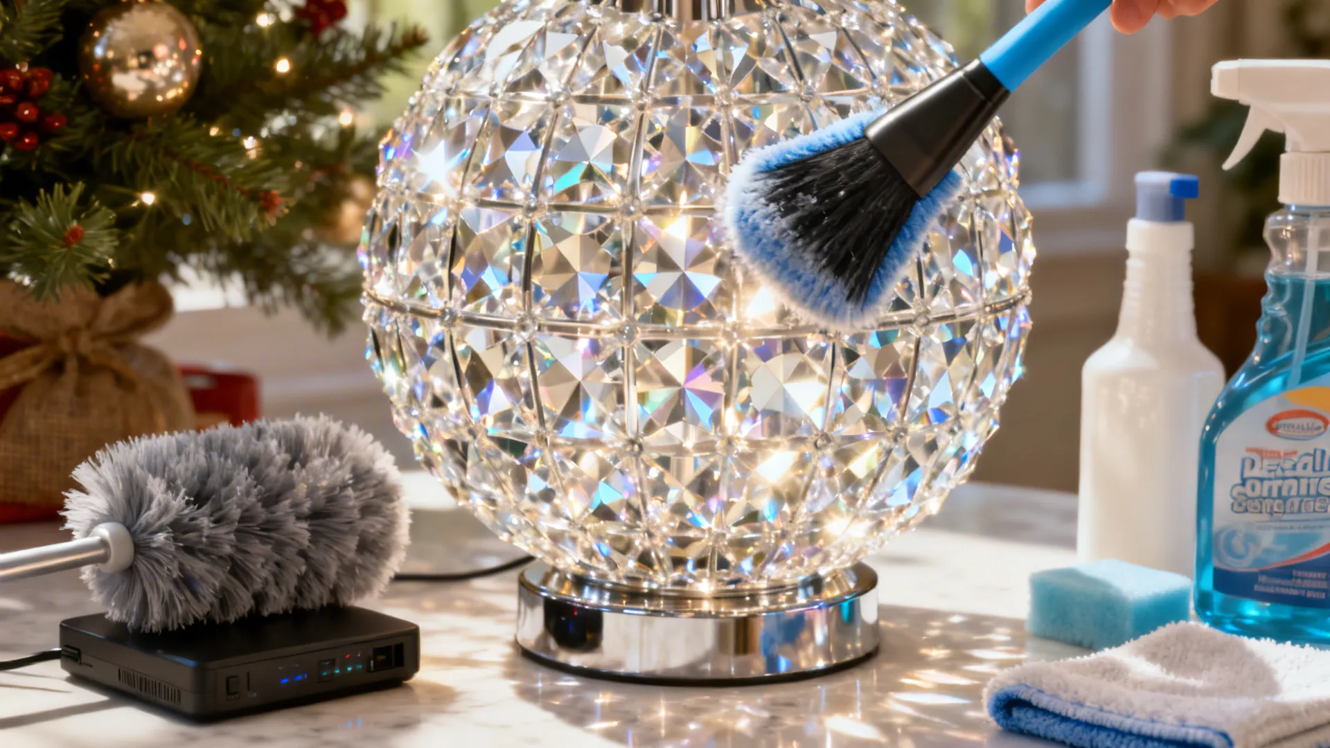 Close-up of a microfiber brush cleaning a crystal lamp facet, with a duster nearby.
